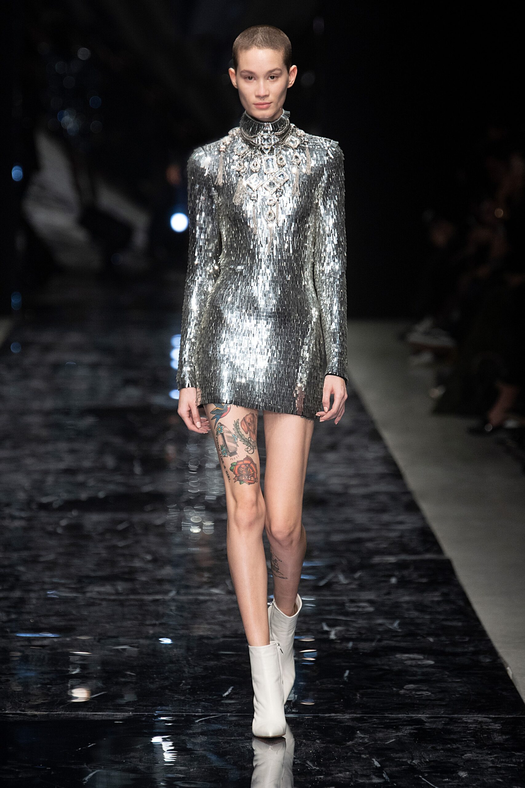 fitted silver sequined mini dress
