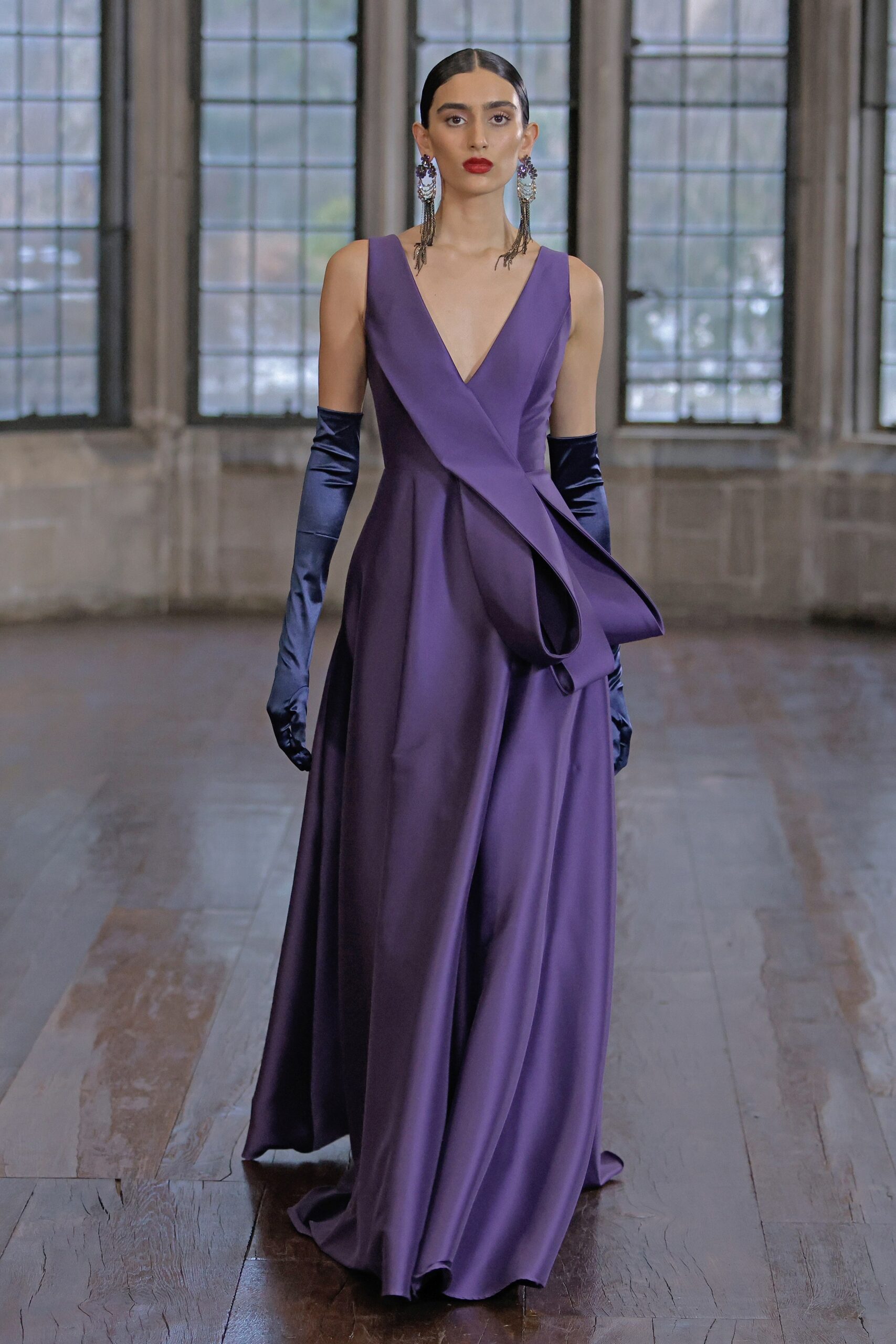 purple silk sleeveless gown