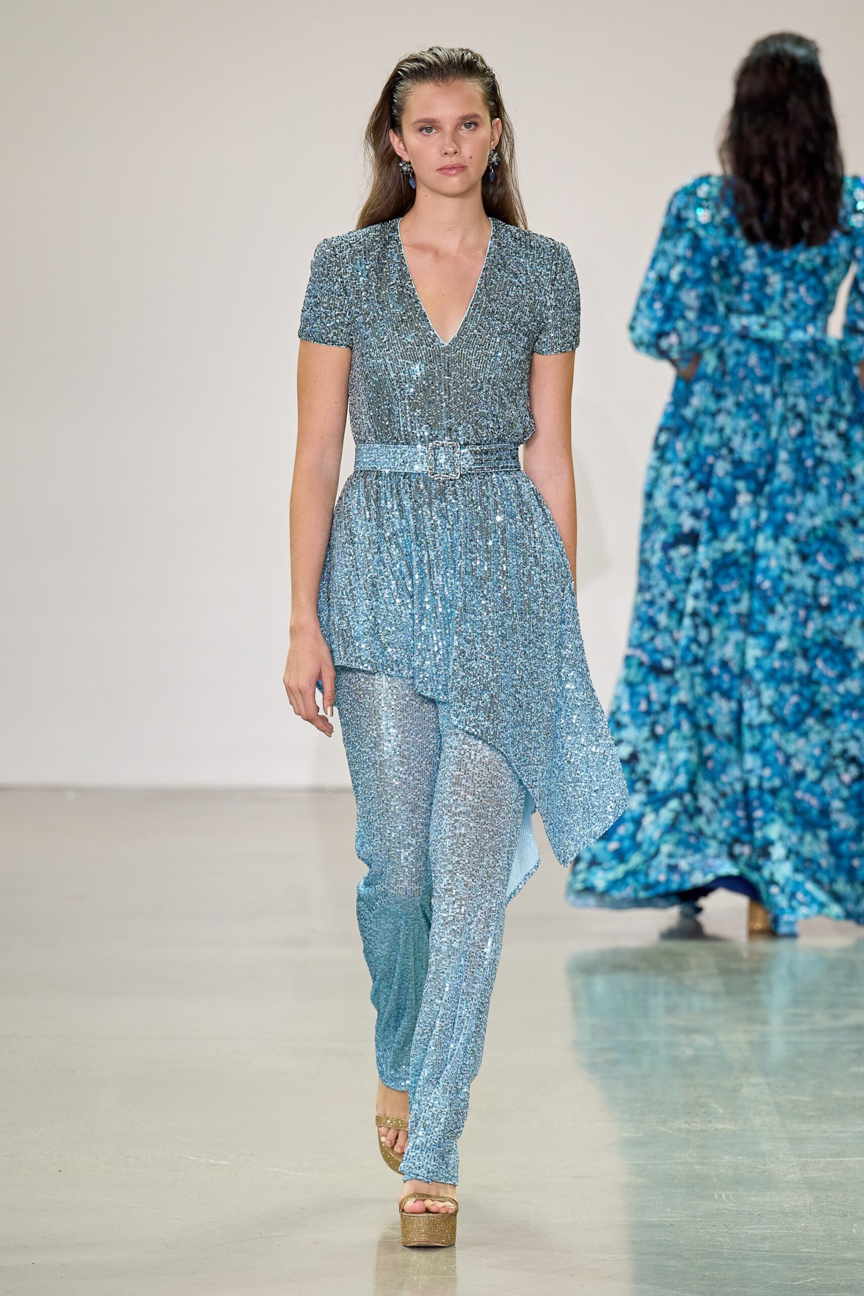 blue sequin belted jumpsuit