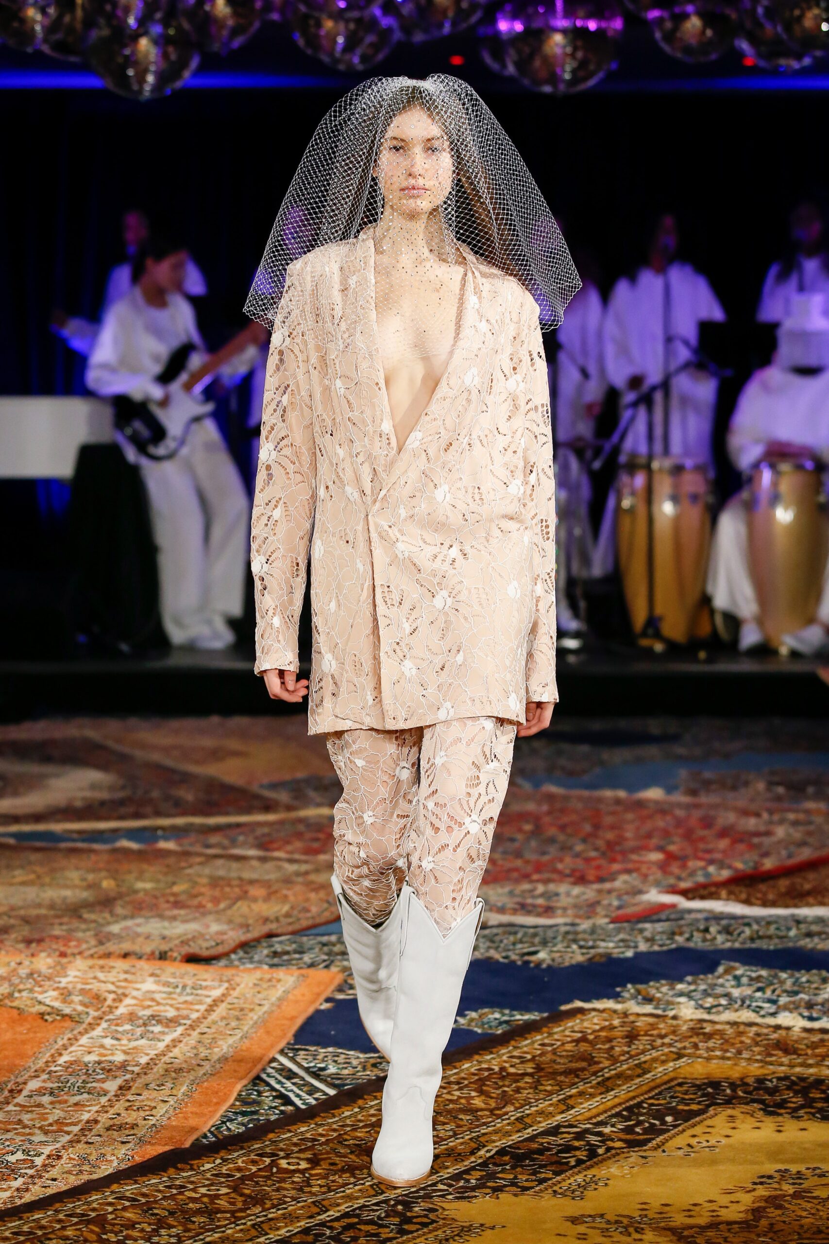 beige lace suit with veil