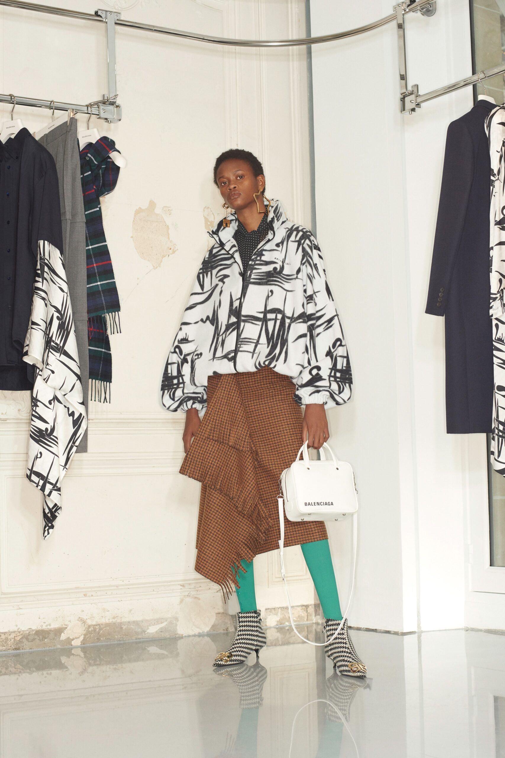 white cotton long-sleeve collared oversized printed jacket