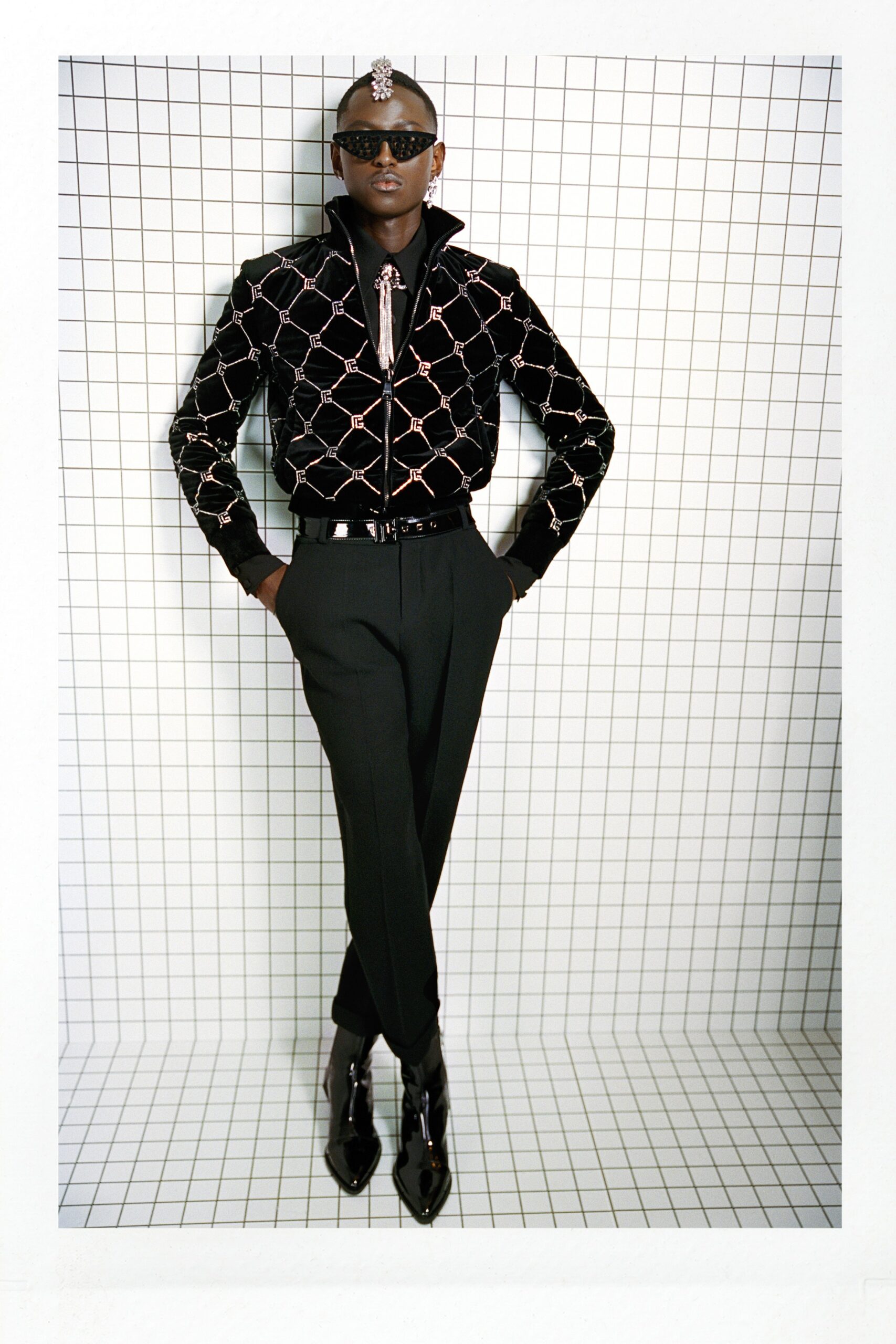 black velvet long-sleeve collared fitted embroidered shiny jacket