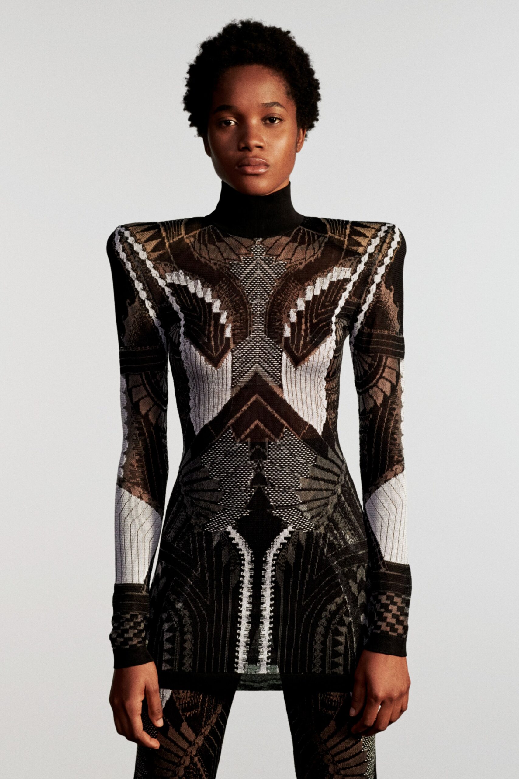 fitted black and brown printed dress