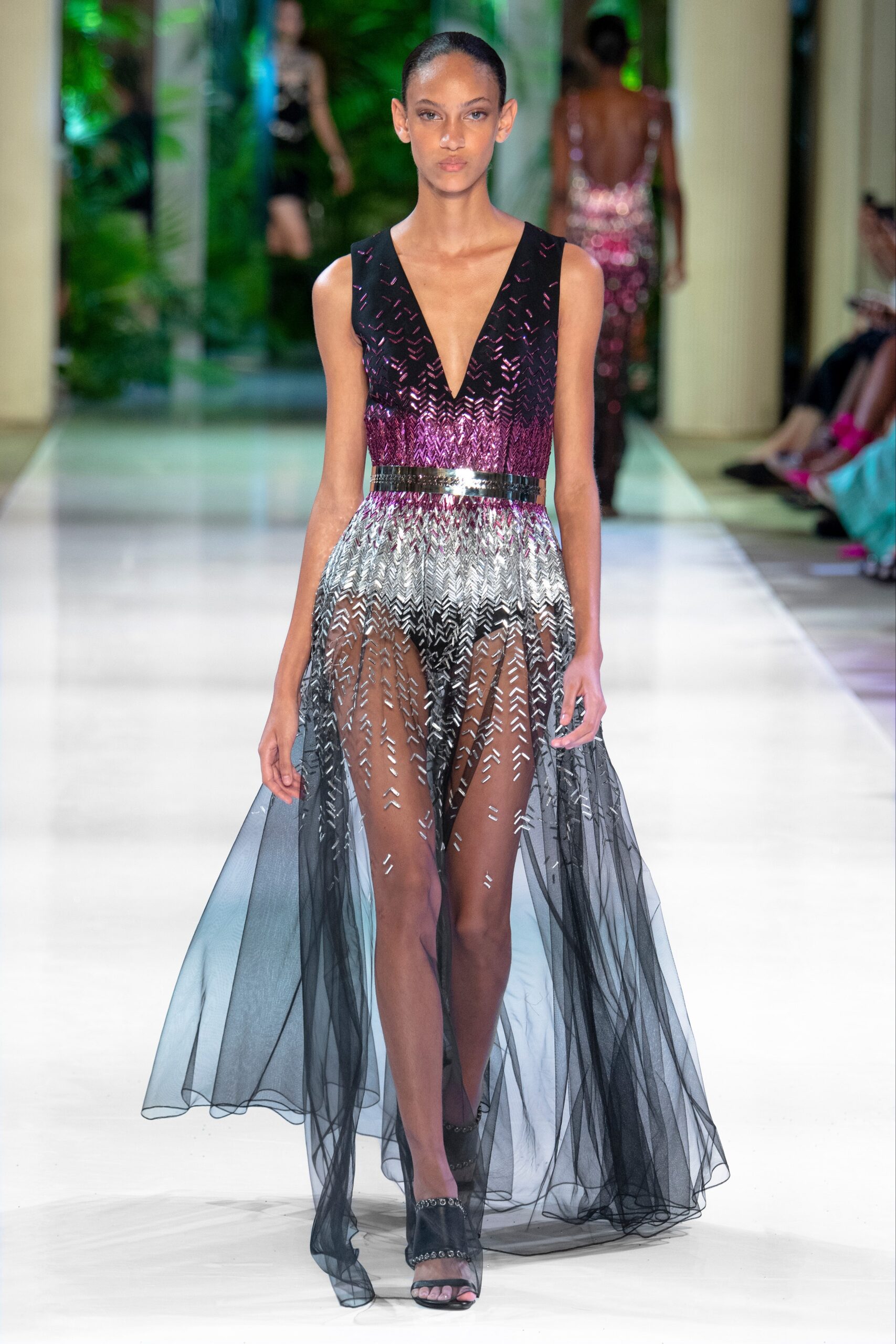 black and purple sheer gown