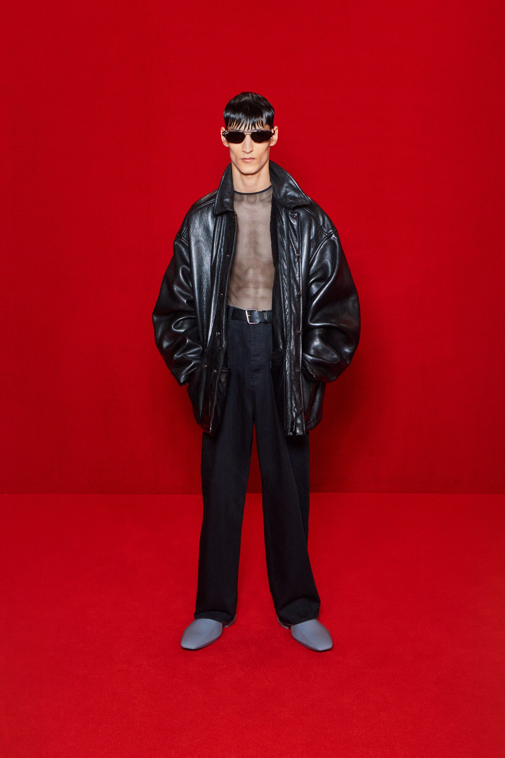 oversized black leather jacket with mesh top