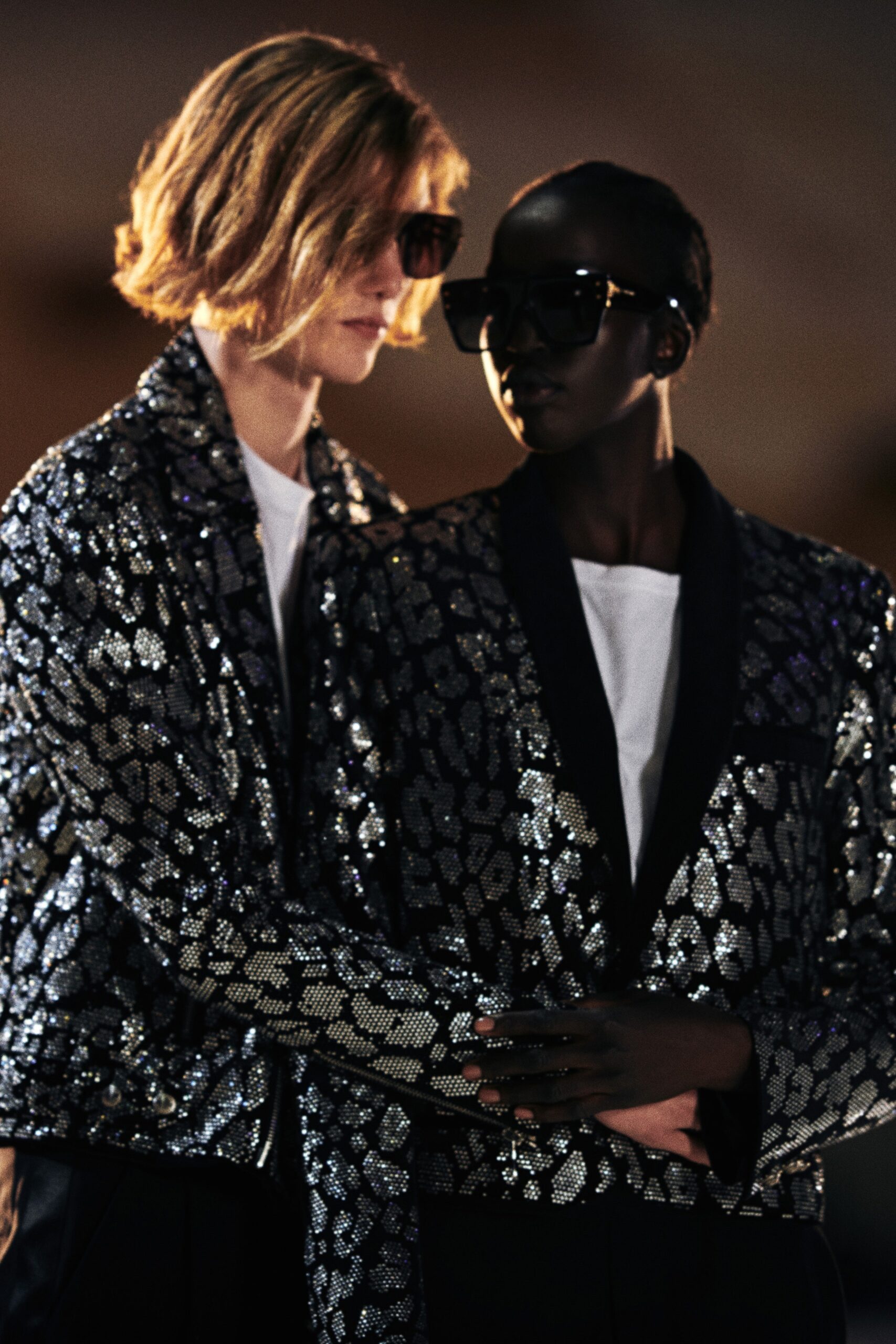 black sequin tailored blazer and white t-shirt