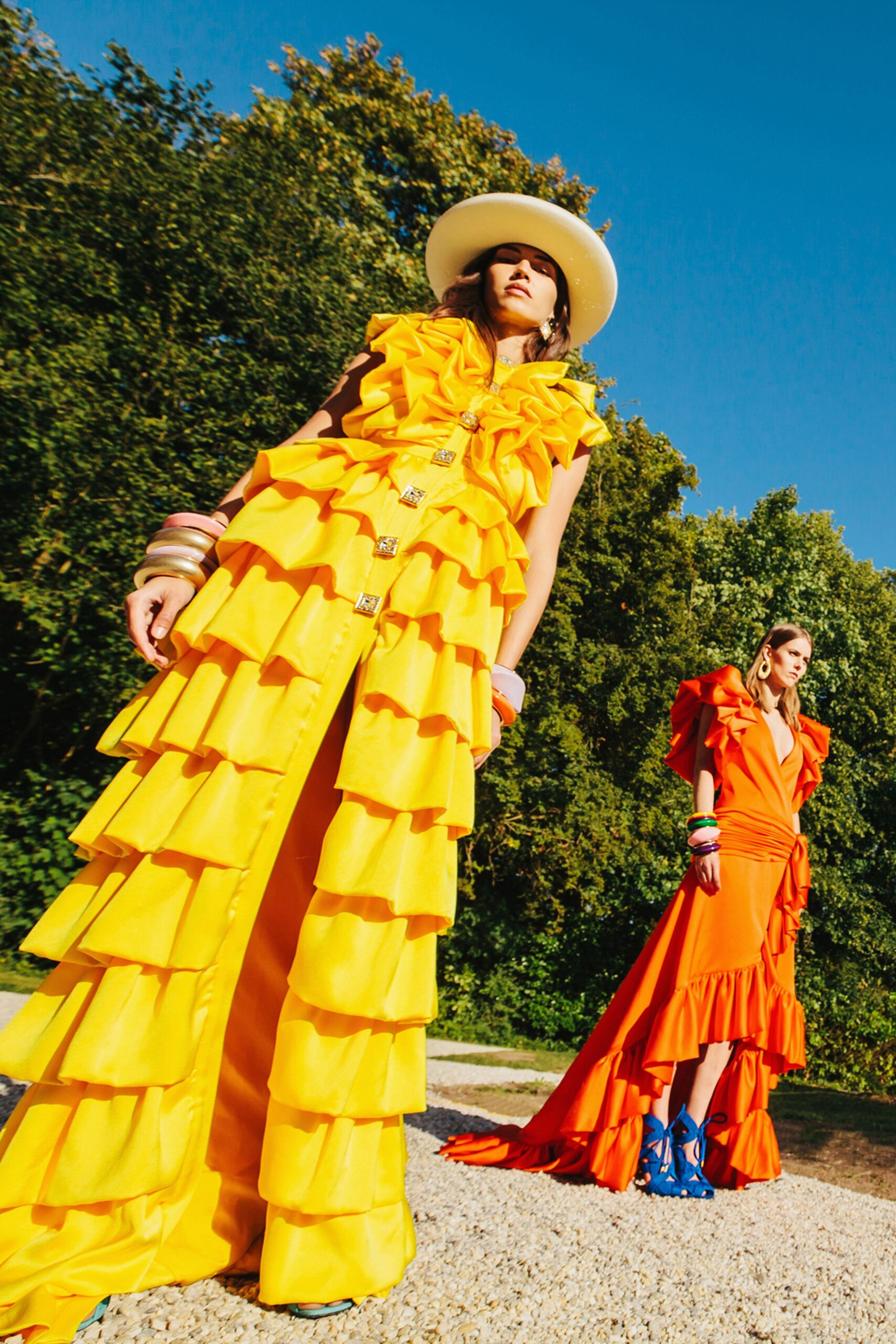 yellow and red ruffled maxi dresses