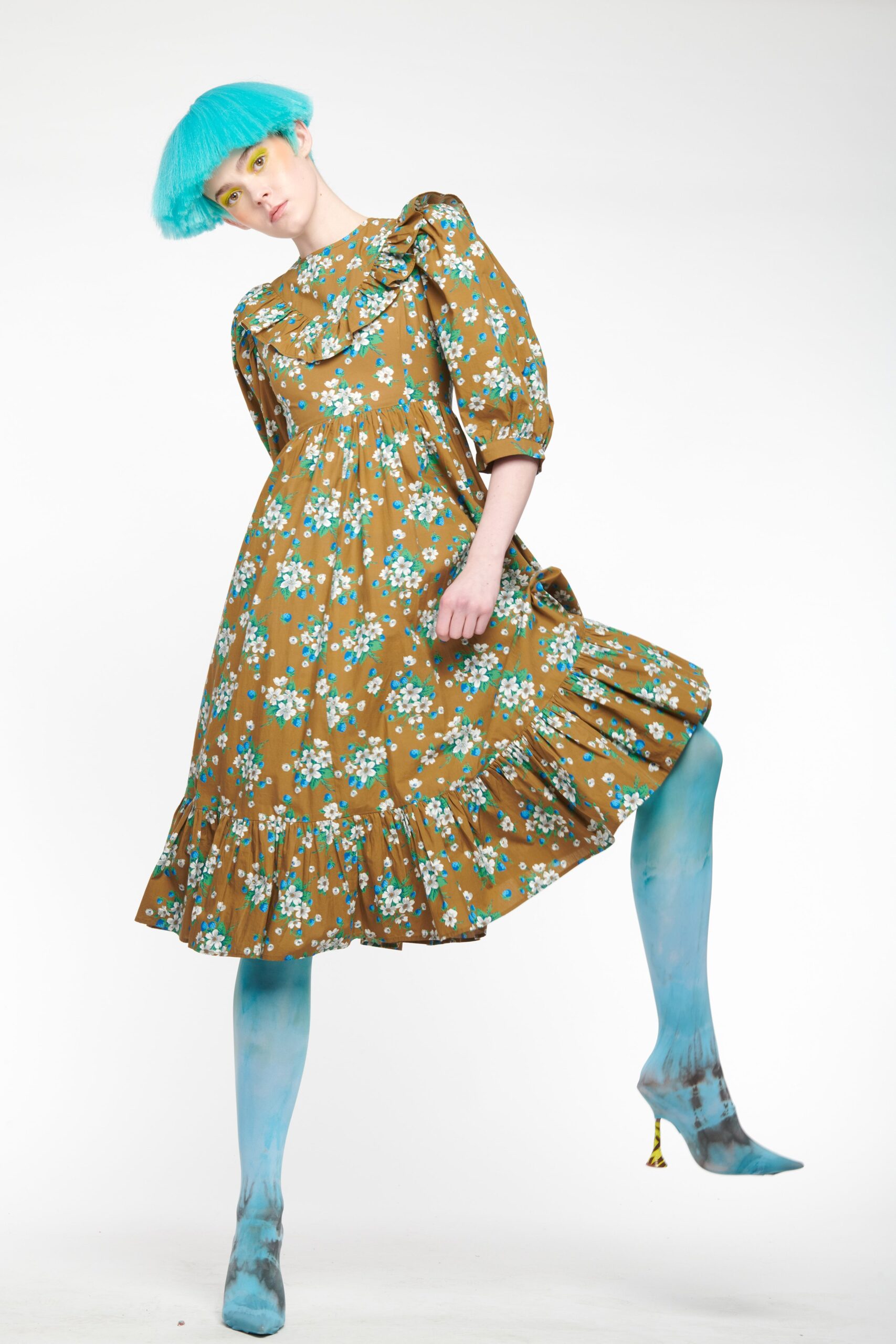 floral midi dress with blue shoes