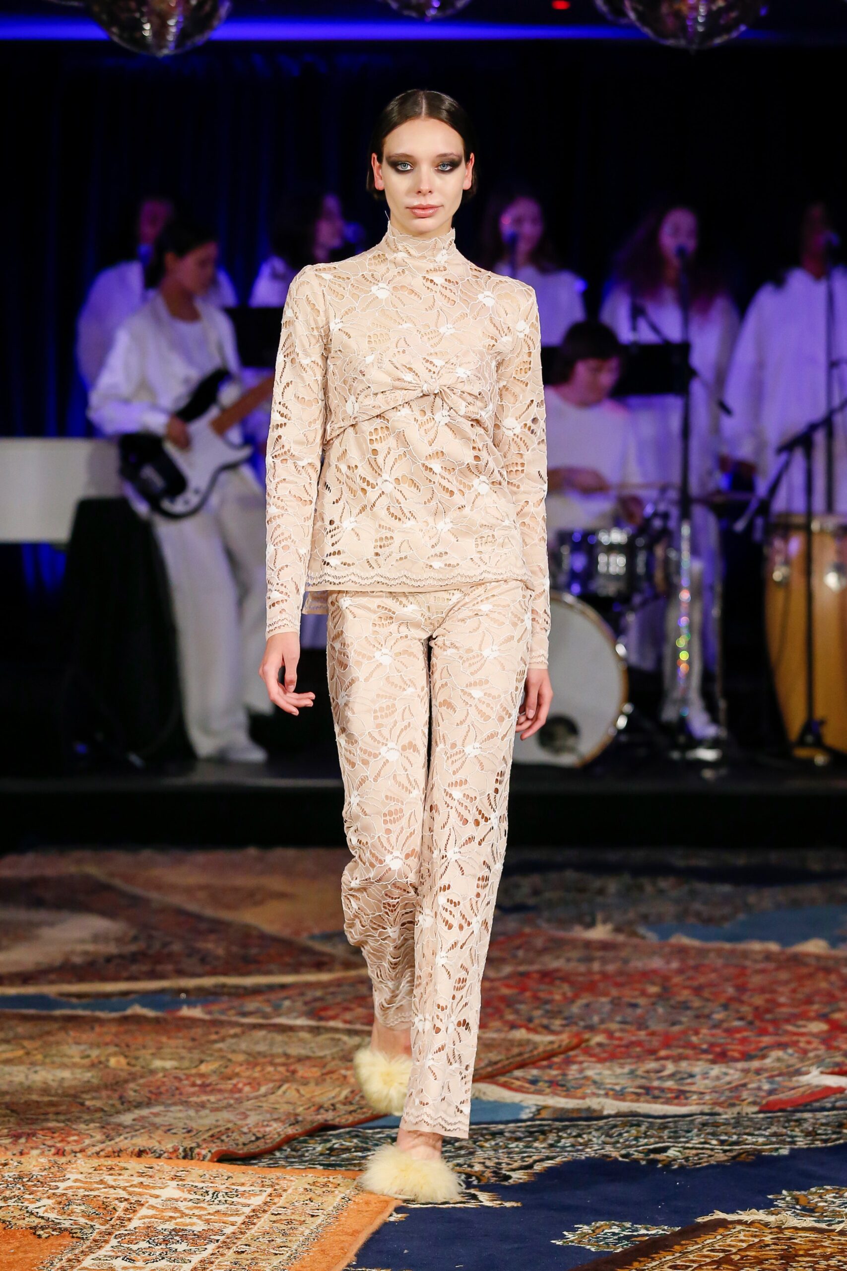 beige lace fitted top and pants