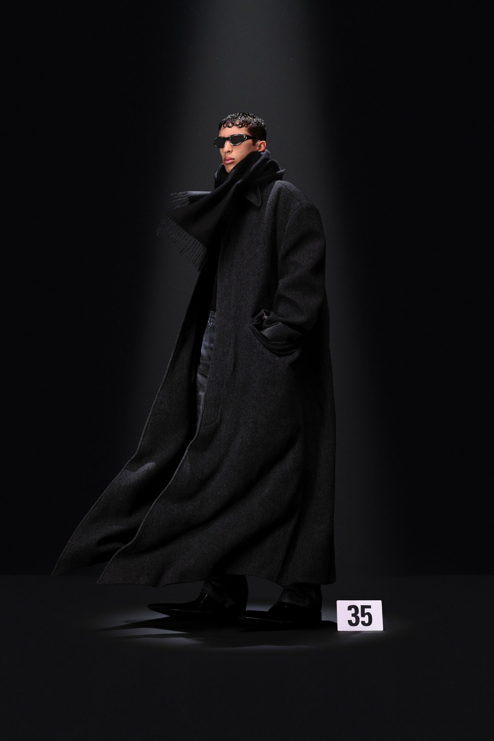 black wool relaxed coat with sunglasses