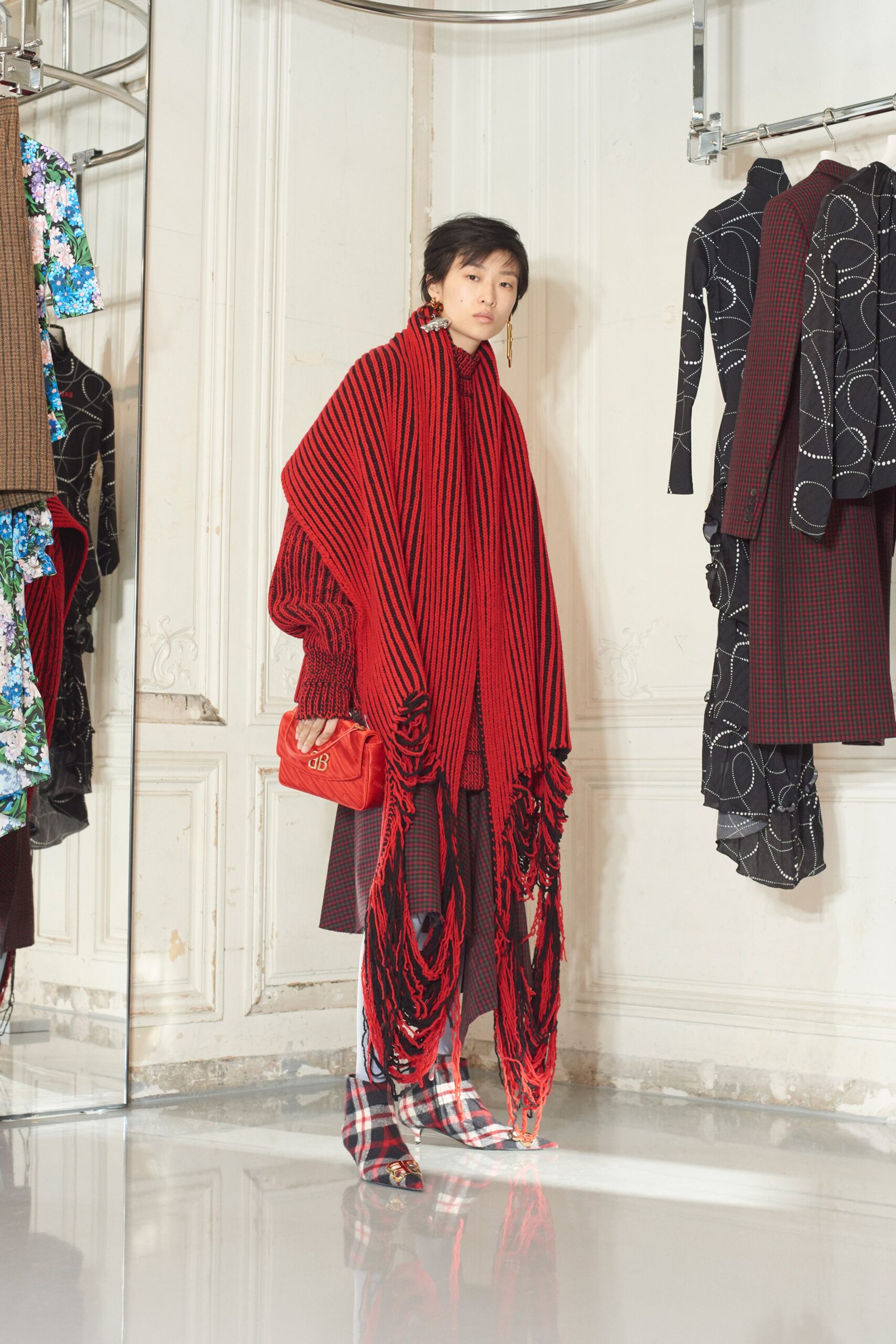 red wool sleeveless oversized striped fringed cape
