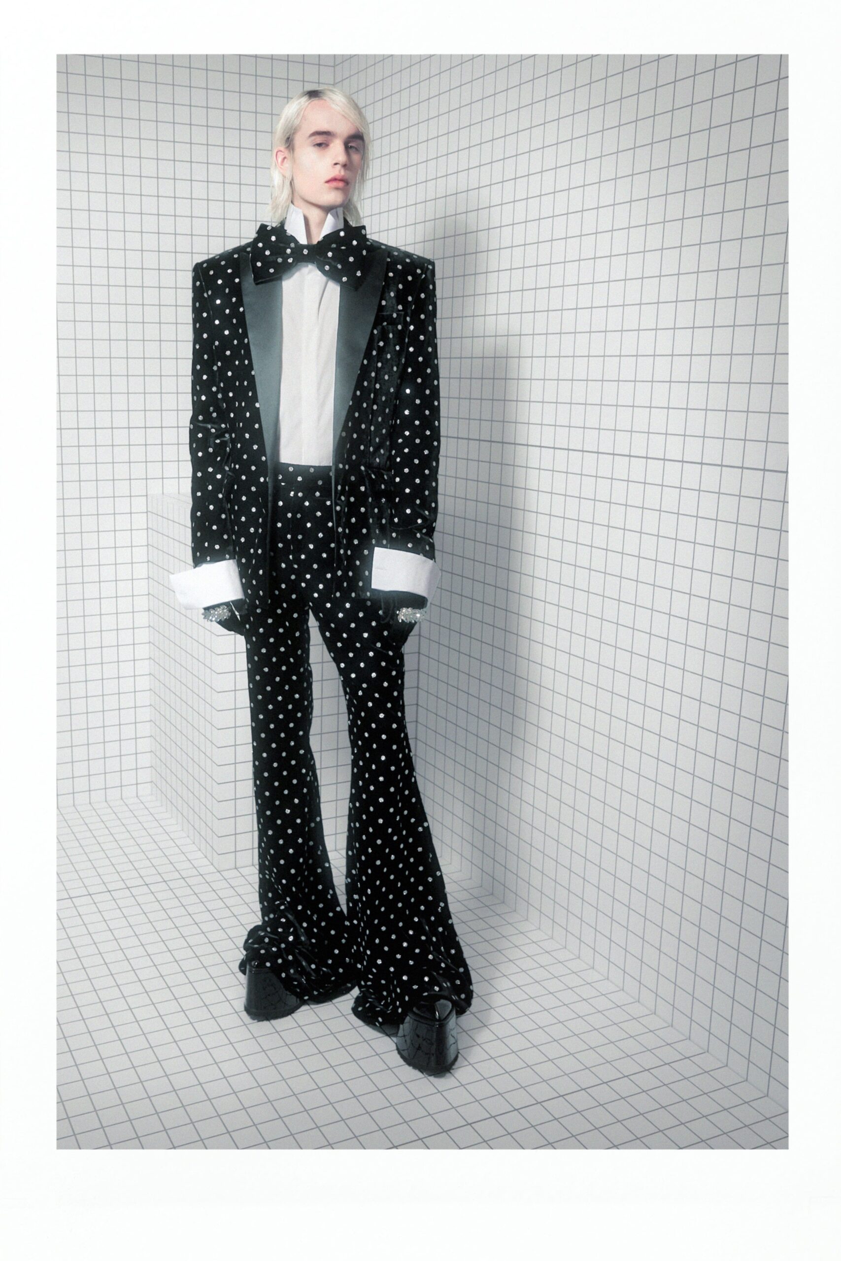 black and white polka-dot suit