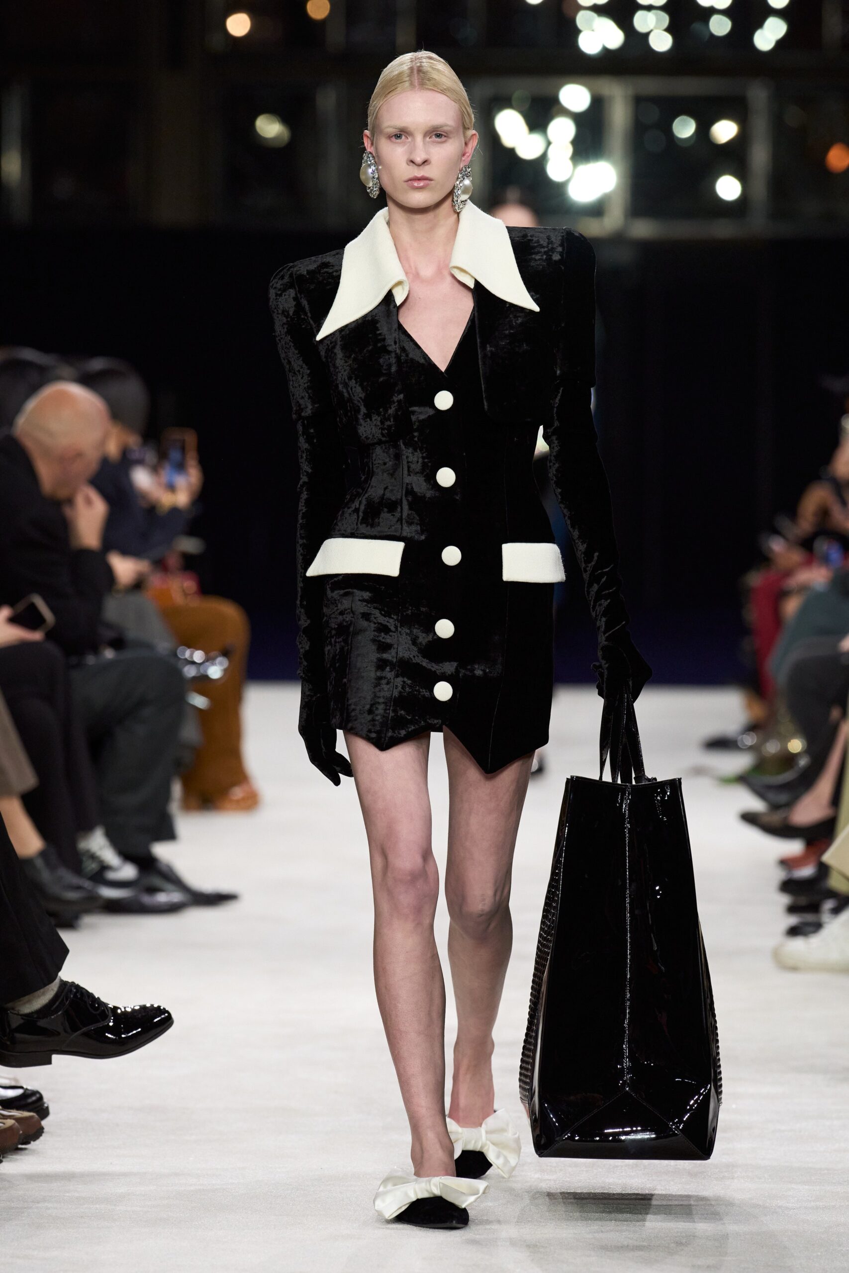 black velvet long-sleeve collared fitted structured buttoned dress