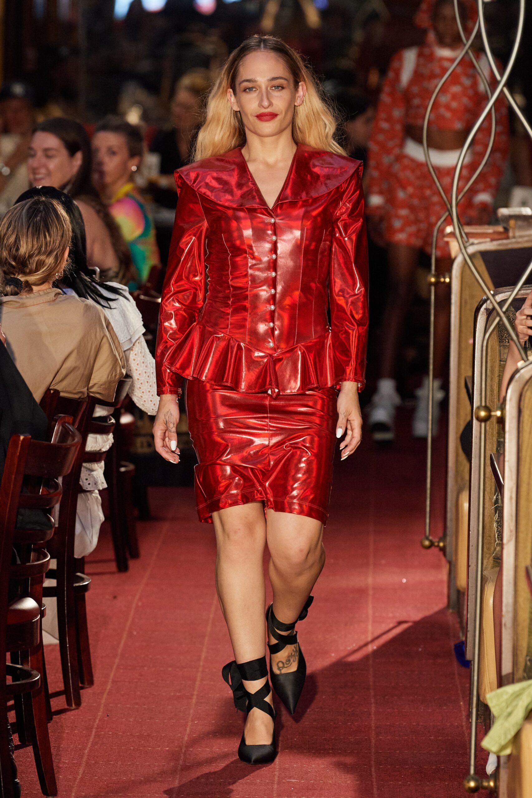 fitted red leather mini dress