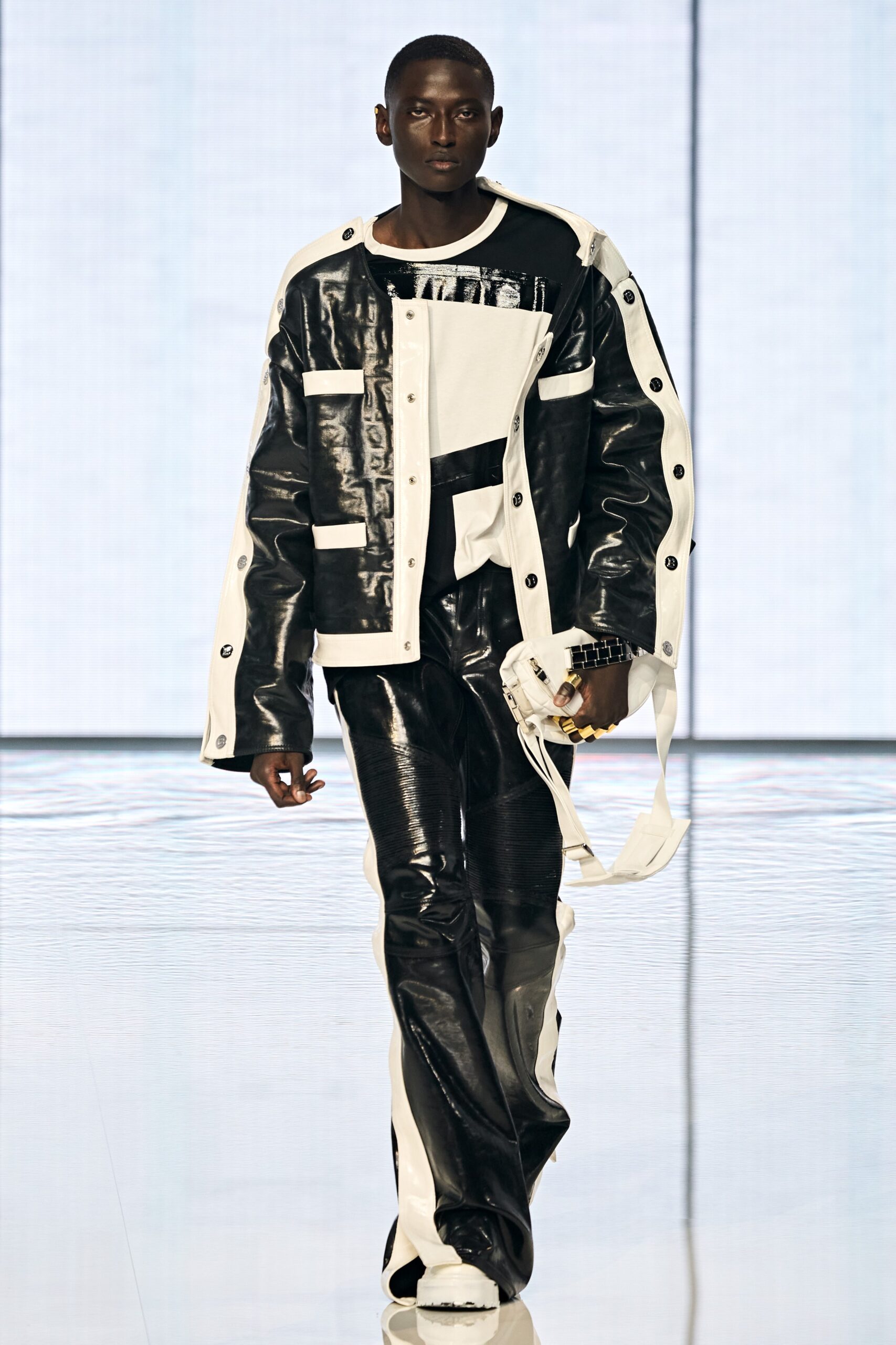 black and white leather jacket and pants