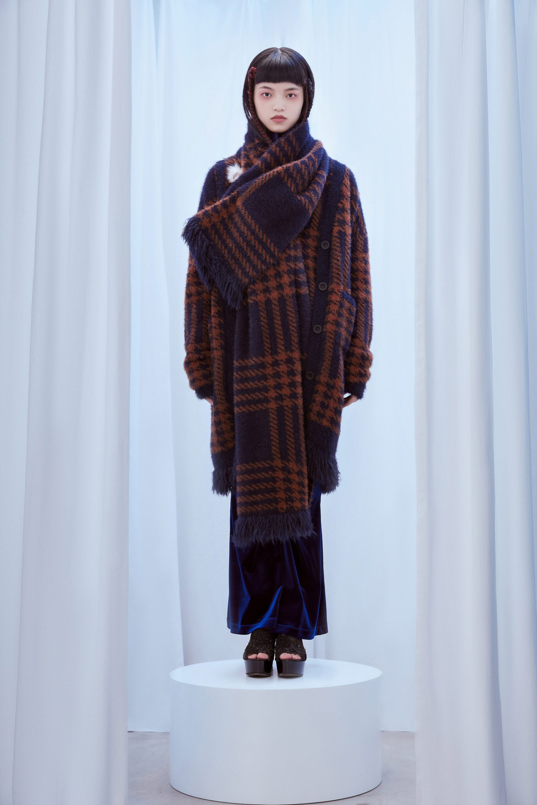 oversized checked coat with velvet pants