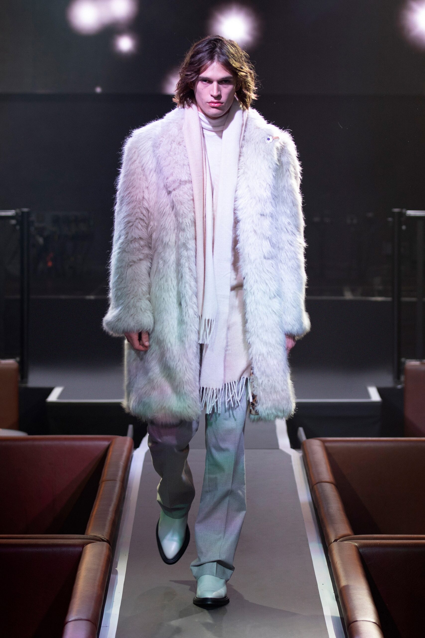 white fur coat with gray pants