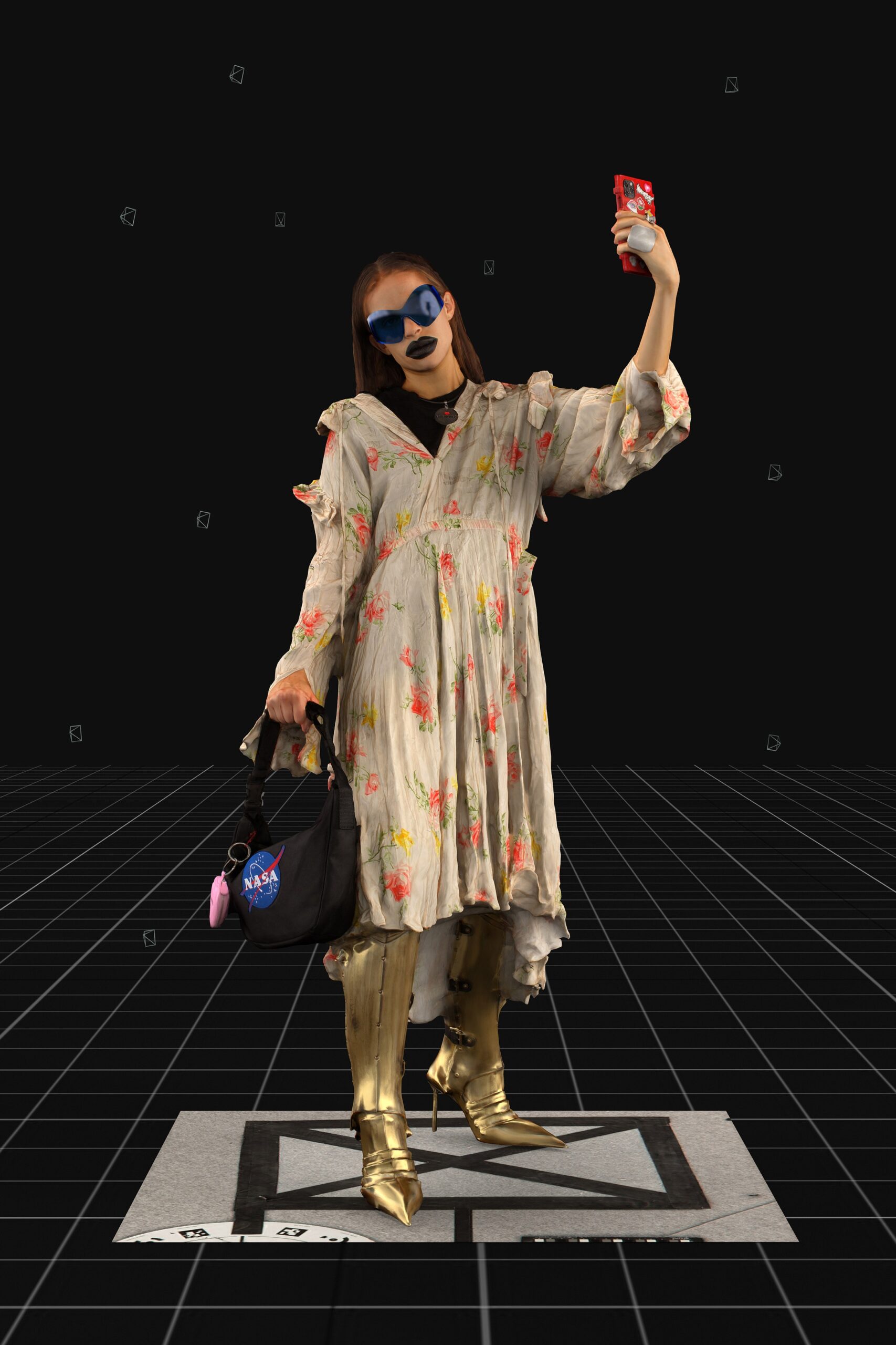 relaxed floral midi dress with gold boots