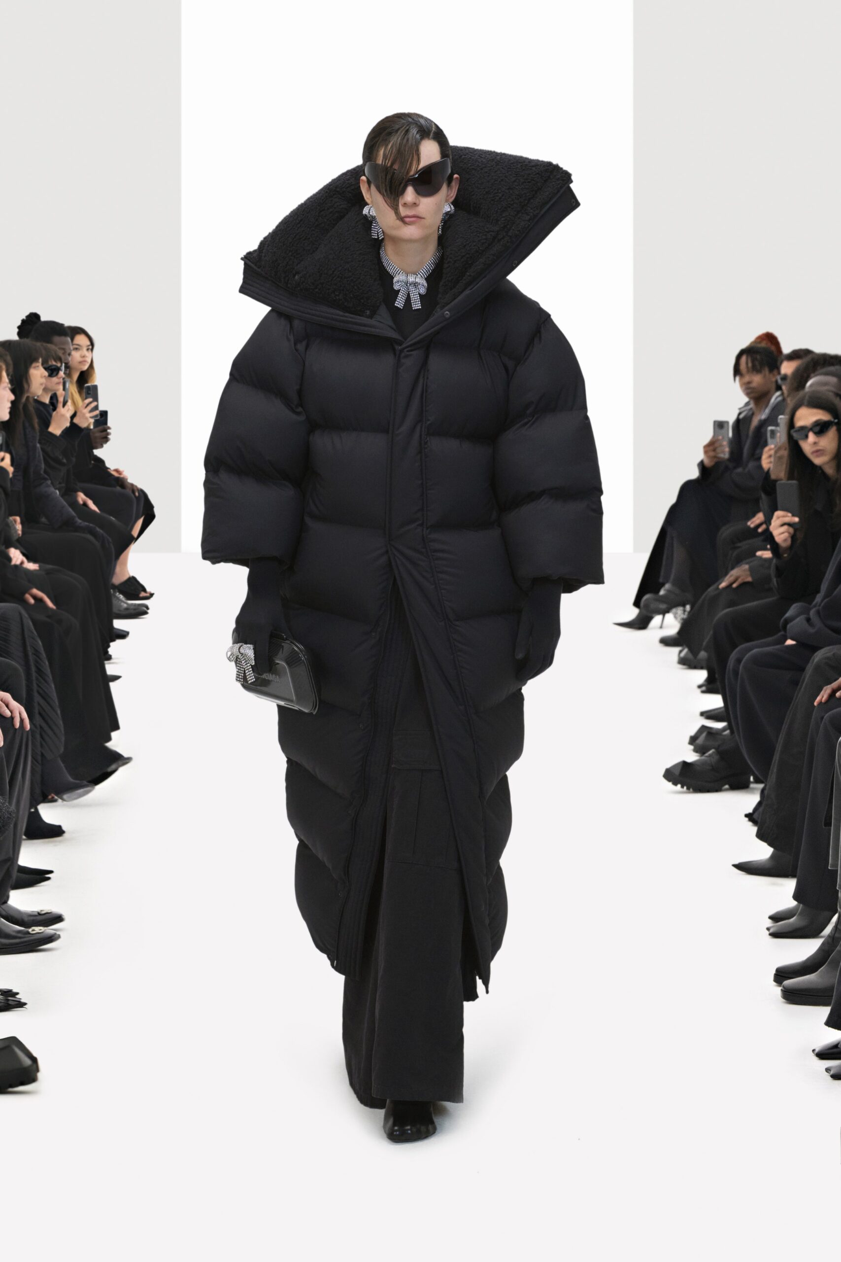 black long-sleeve collared oversized padded maxi coat