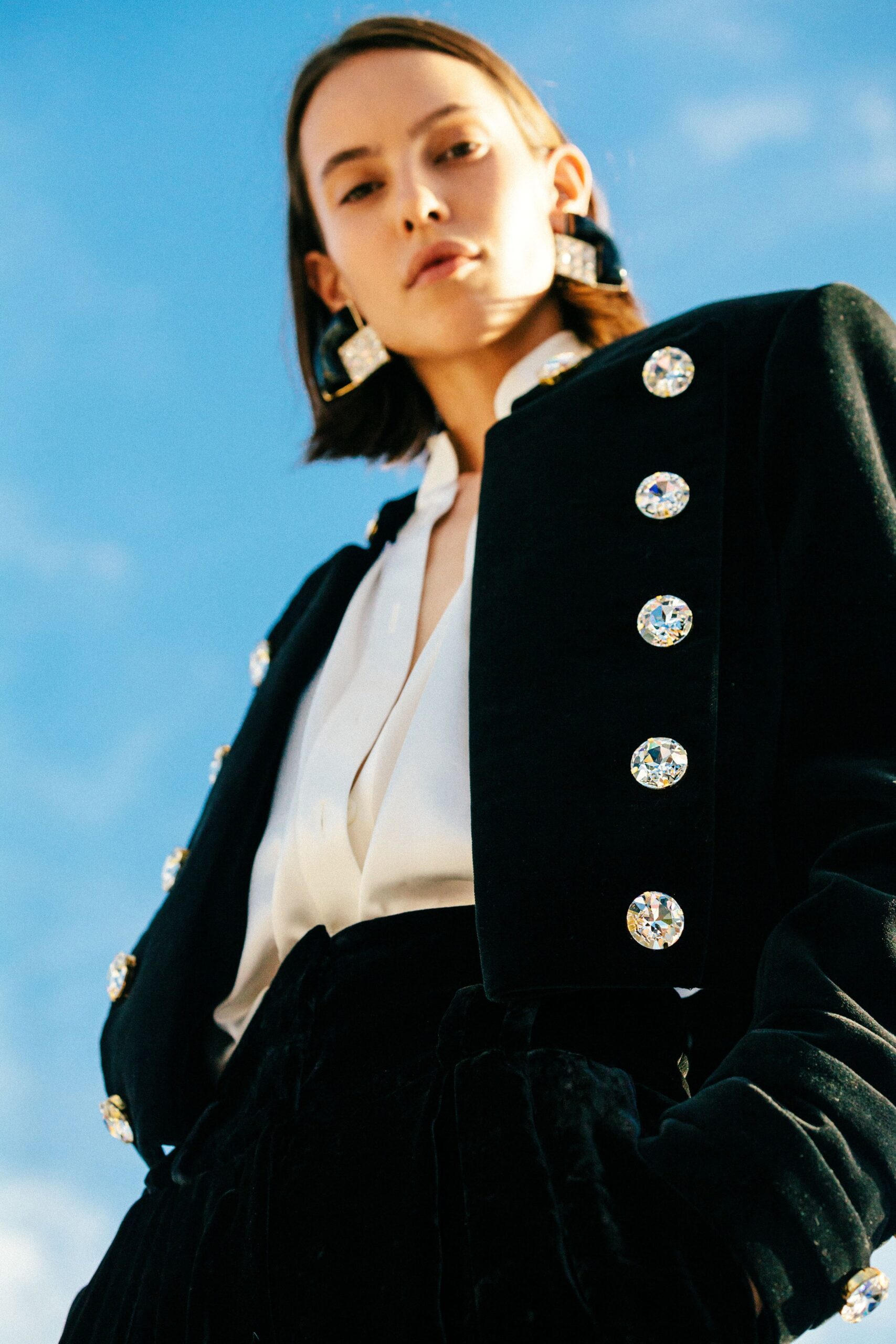 black velvet tailored blazer and white shirt
