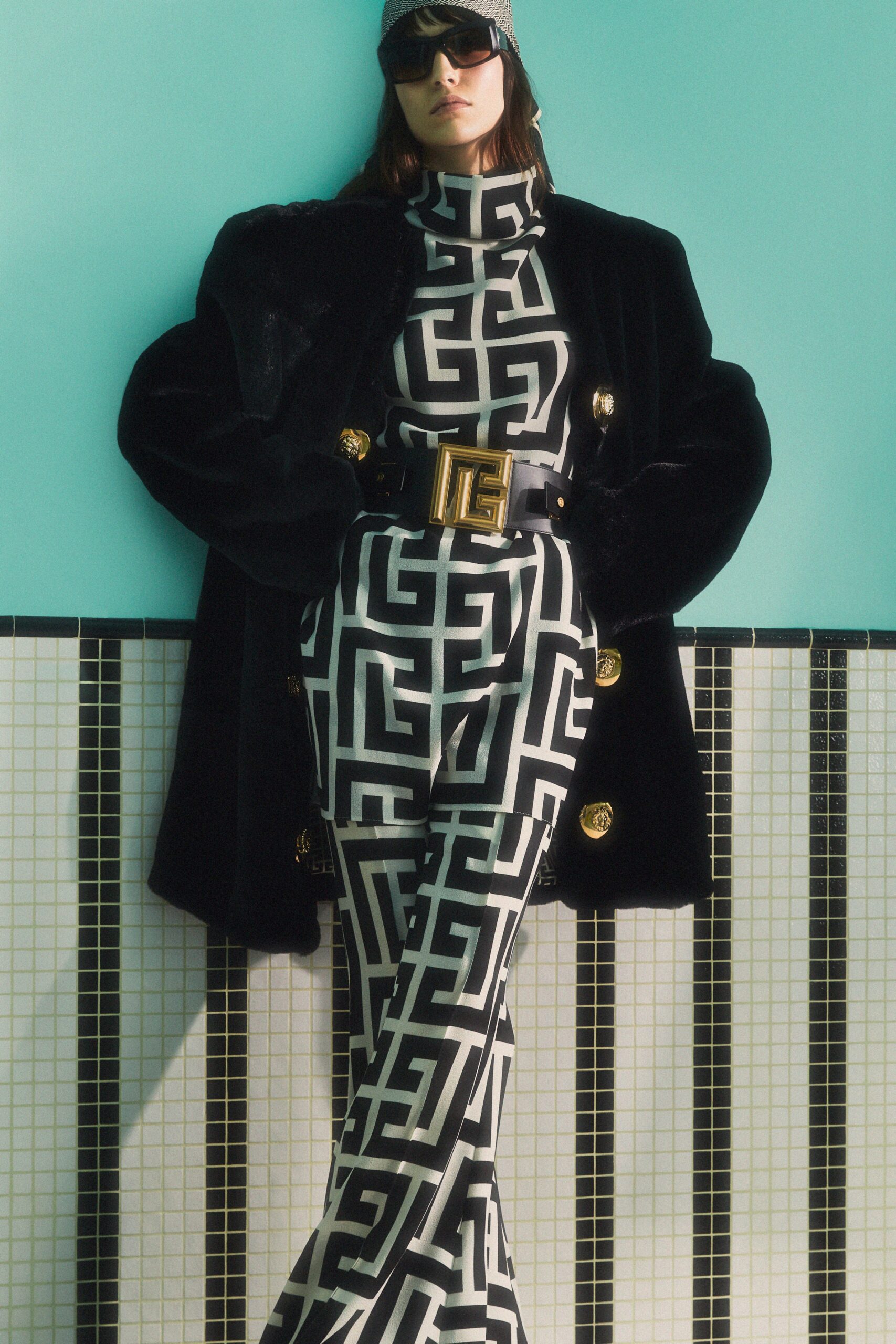 white cotton long-sleeve high-neck fitted printed jumpsuit