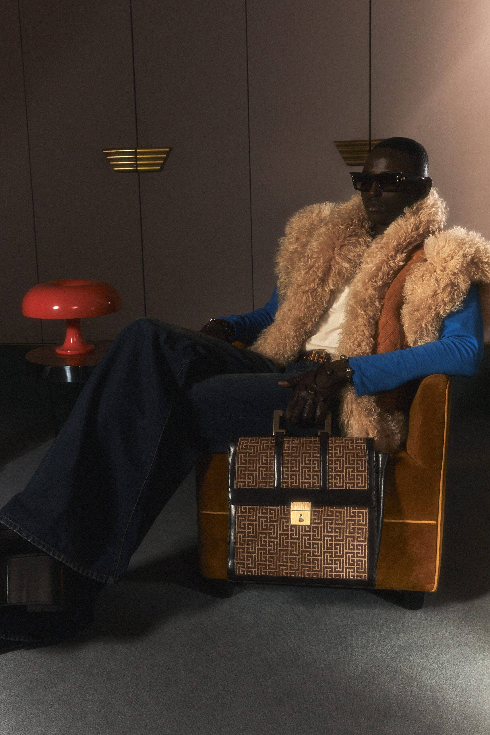 beige fur coat with blue shirt