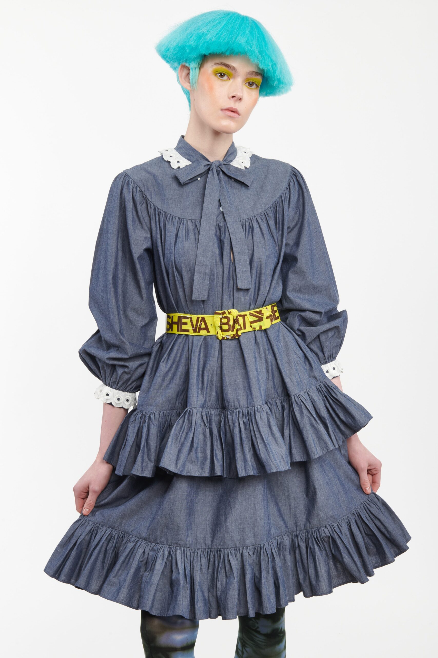 blue cotton long-sleeve collared relaxed tiered ruffled dress