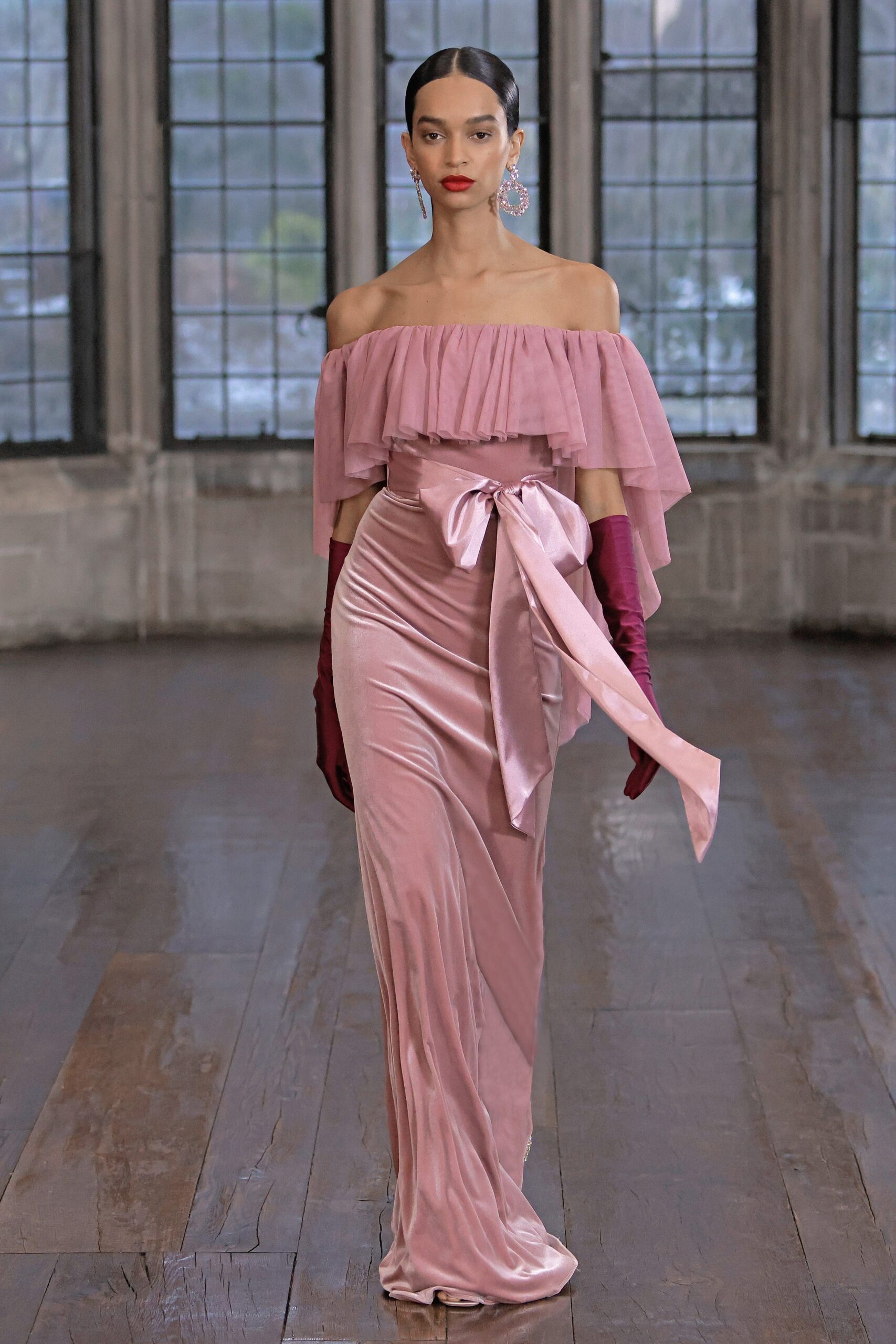 pink silk off-shoulder gown