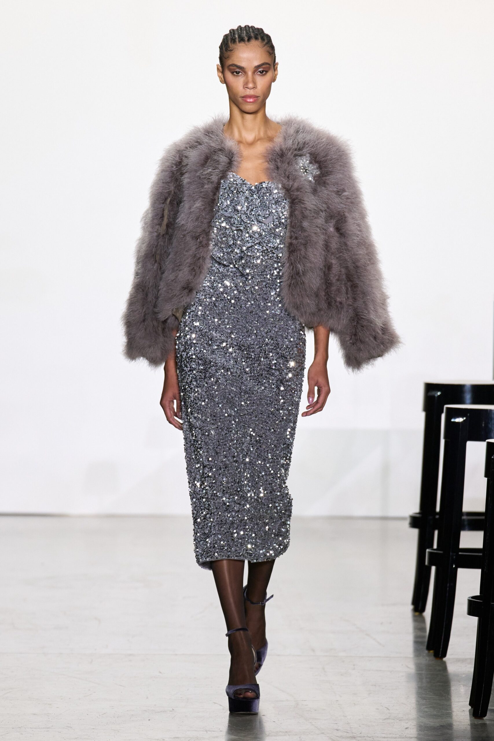 gray sequin midi dress with fur coat