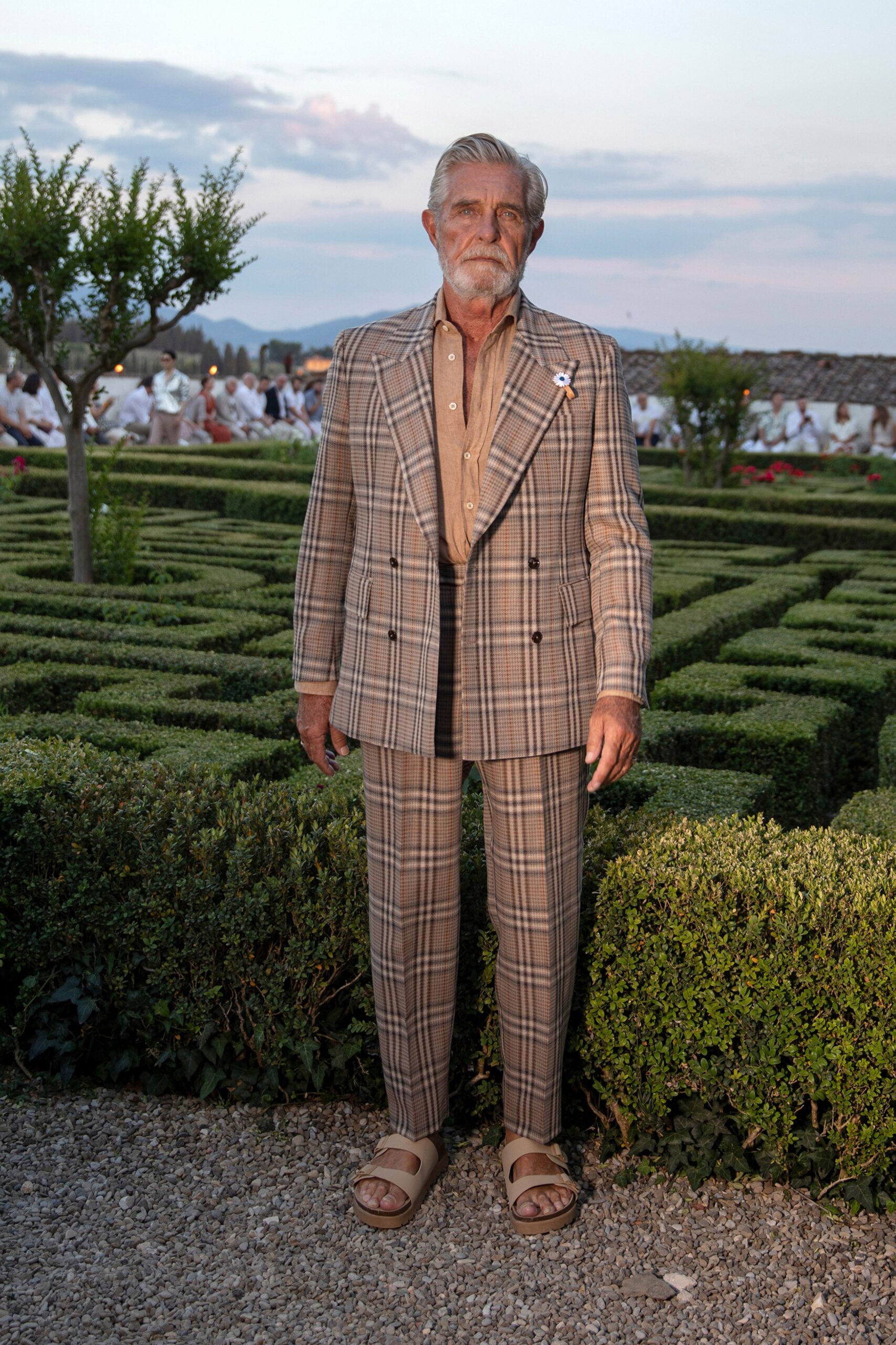 beige checked tailored suit