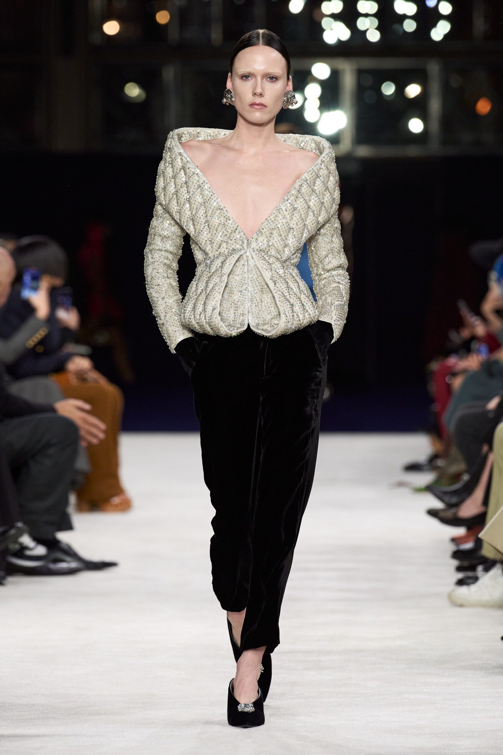 white silk long-sleeve v-neck fitted pleated shiny jacket