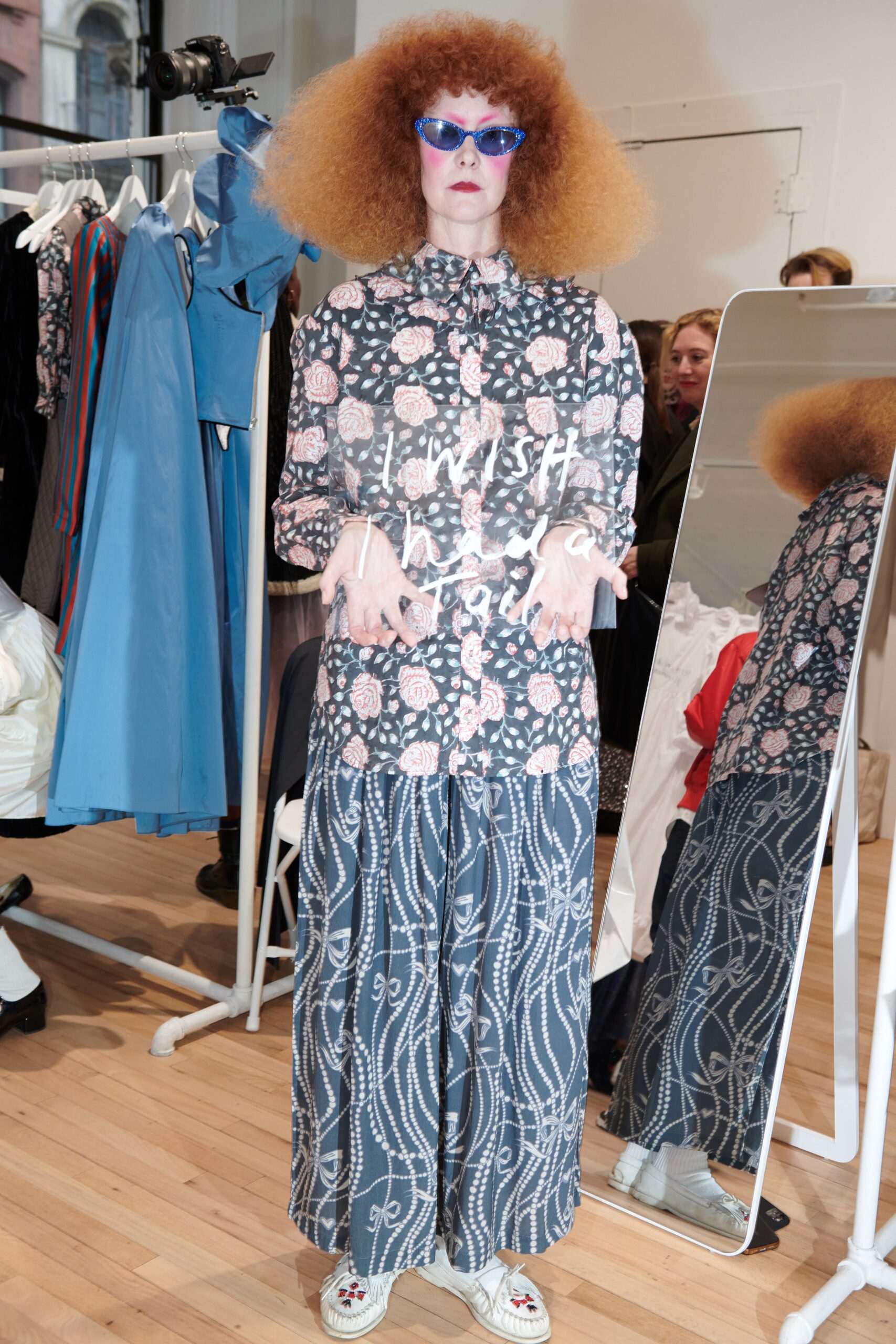 printed blue and pink shirt with gray wide-leg pants