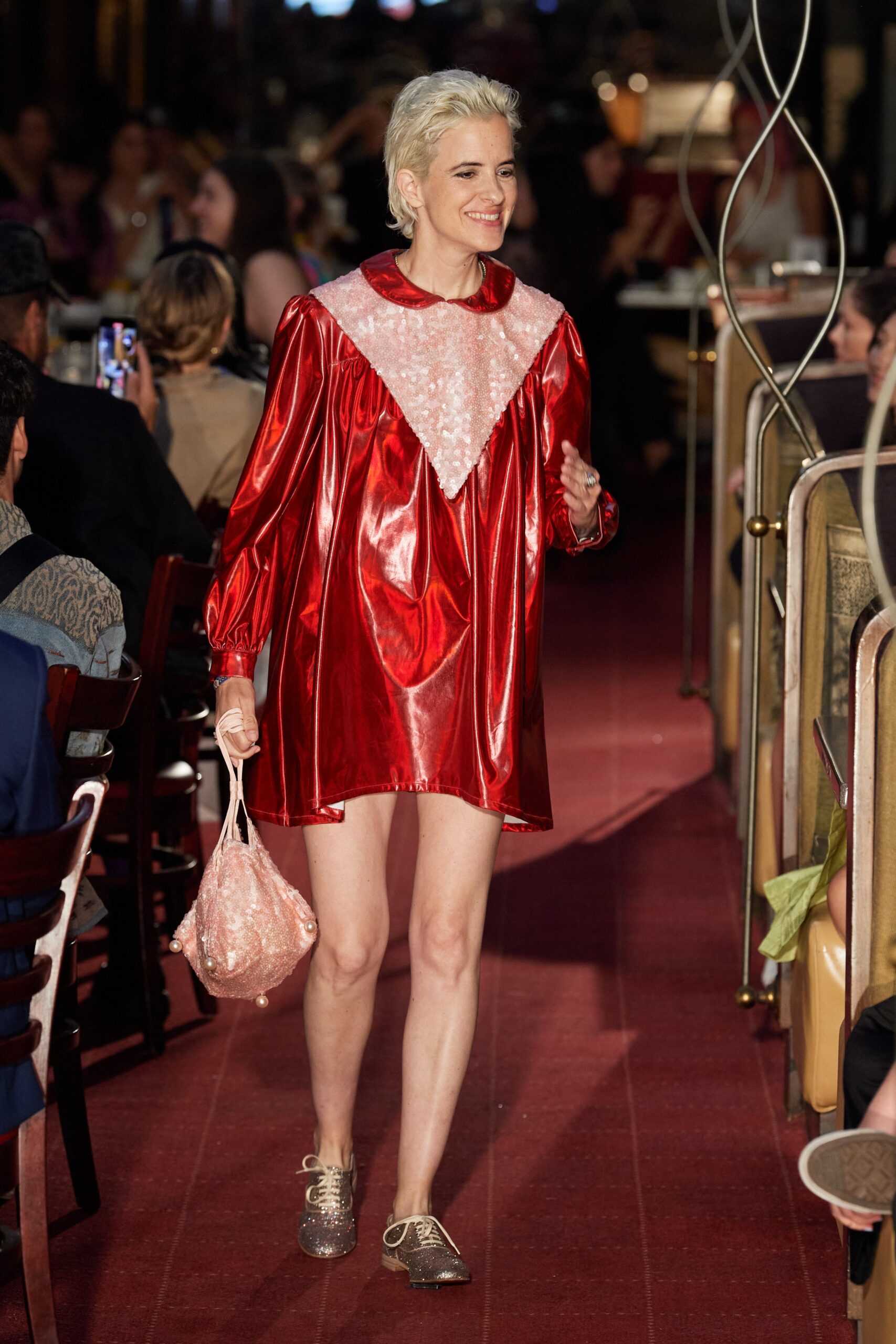 shiny red mini dress with pleats