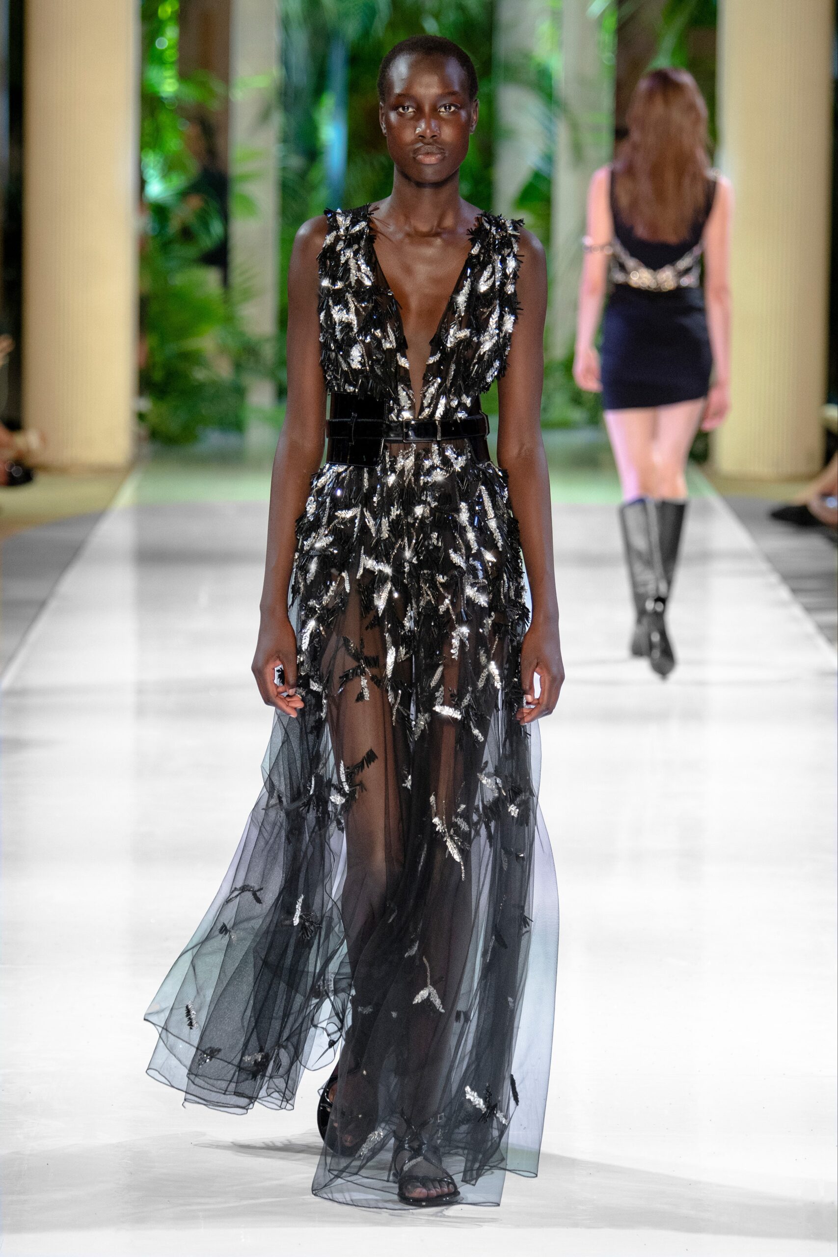 black sheer embellished midi dress