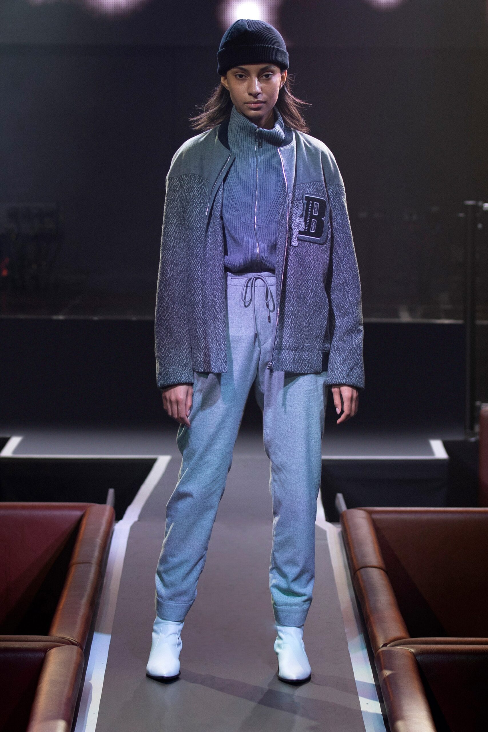 gray jacket blue sweater relaxed pants