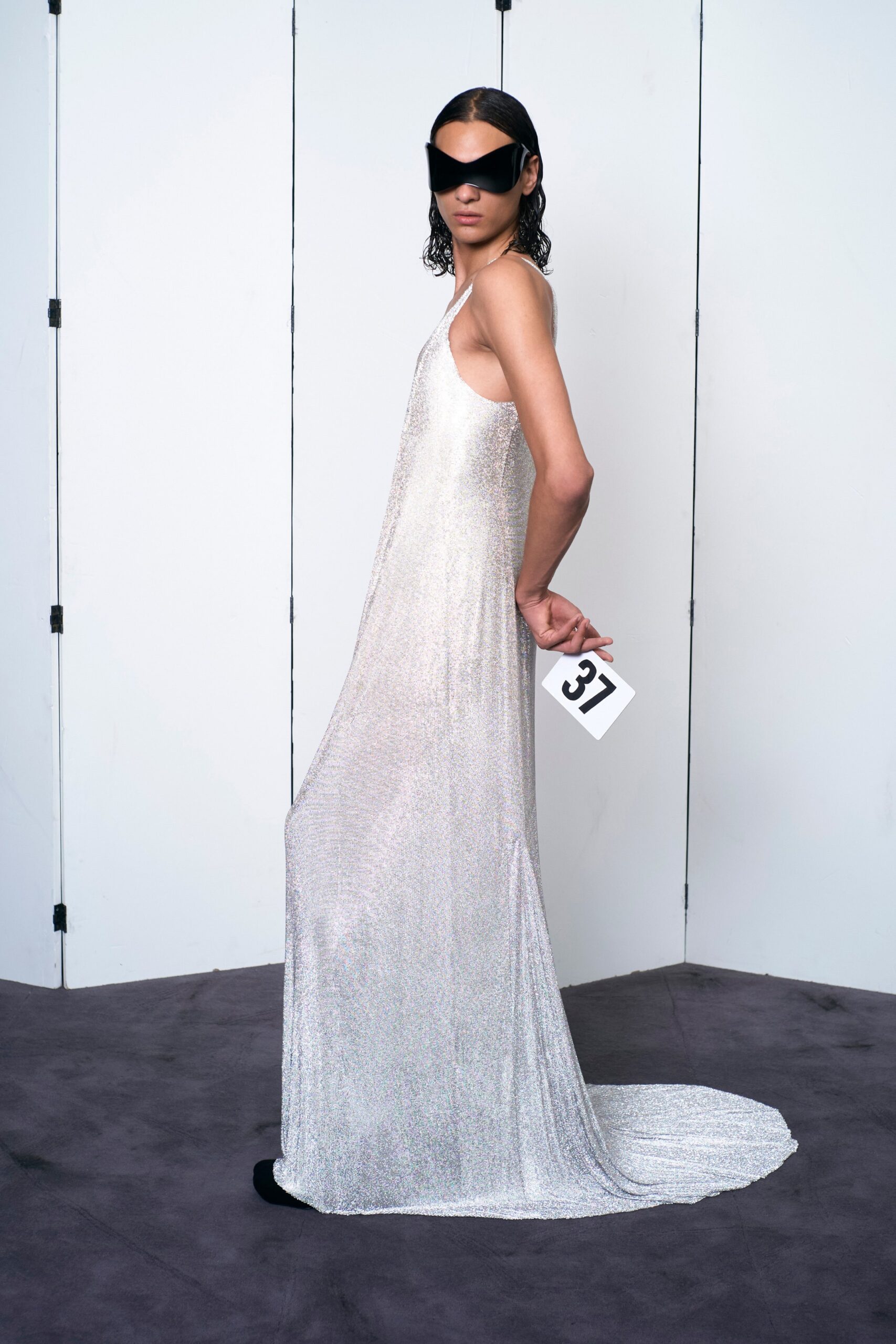 silver metallic sleeveless gown