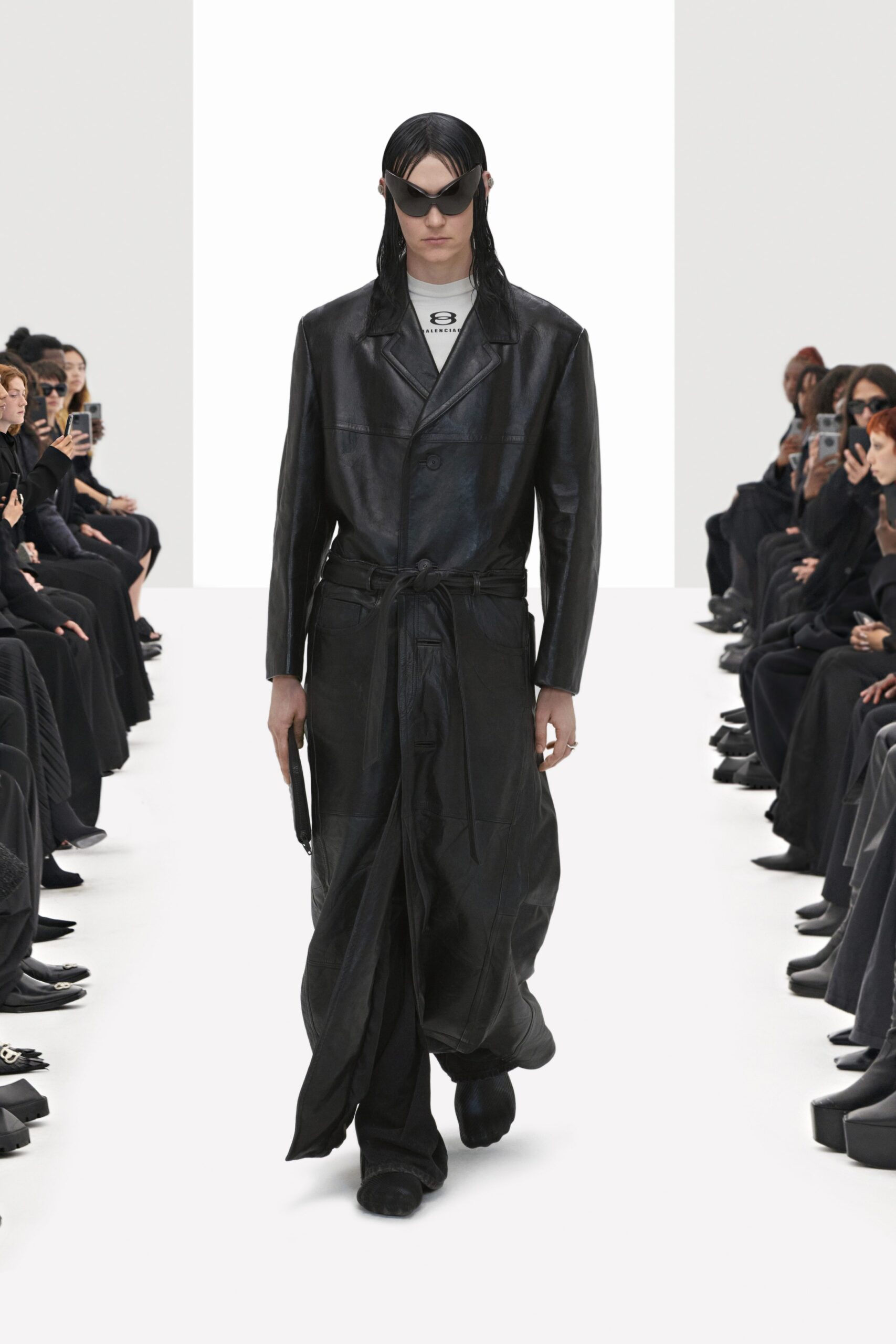 black leather long-sleeve collared relaxed belted coat
