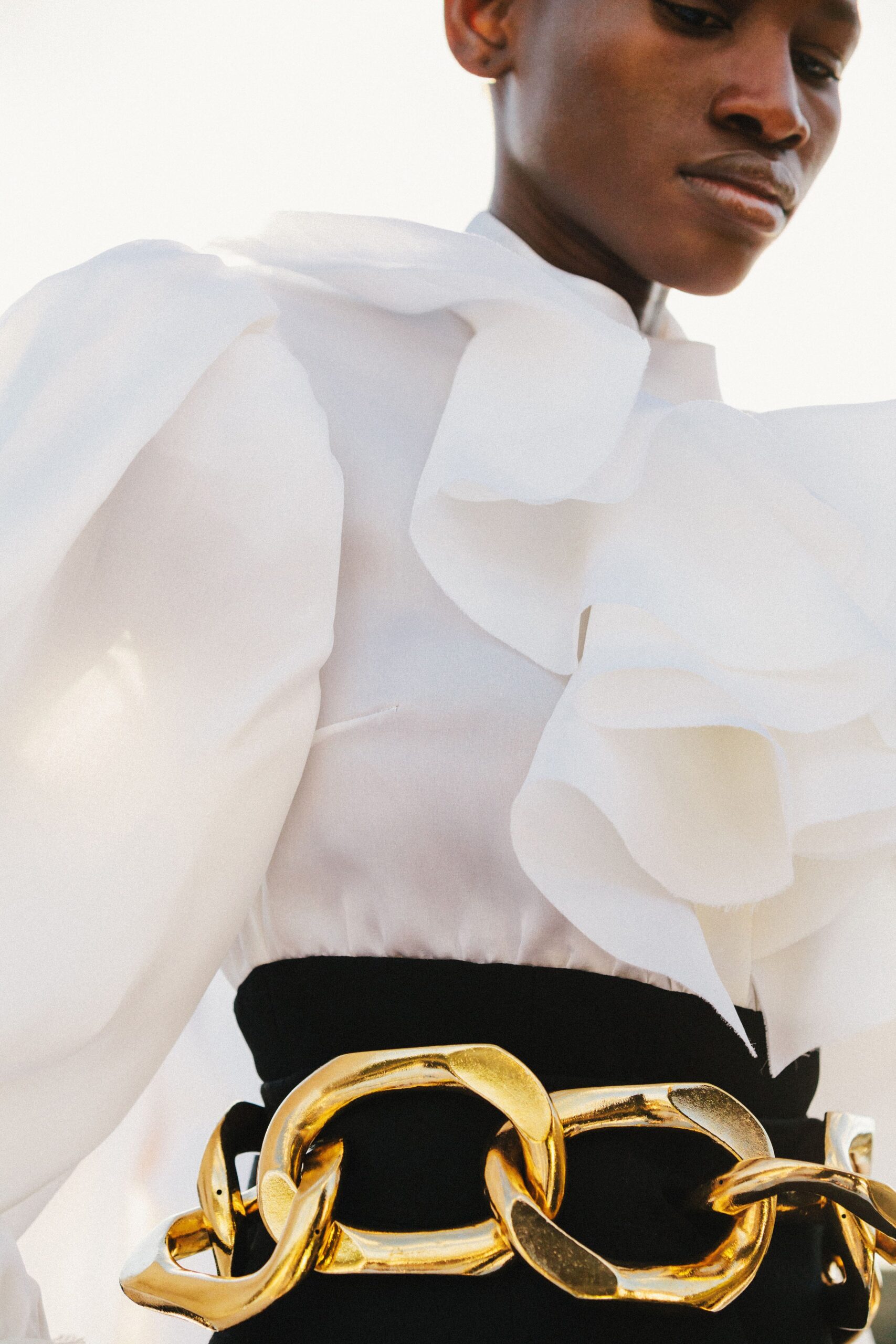 white ruffled blouse black pencil skirt