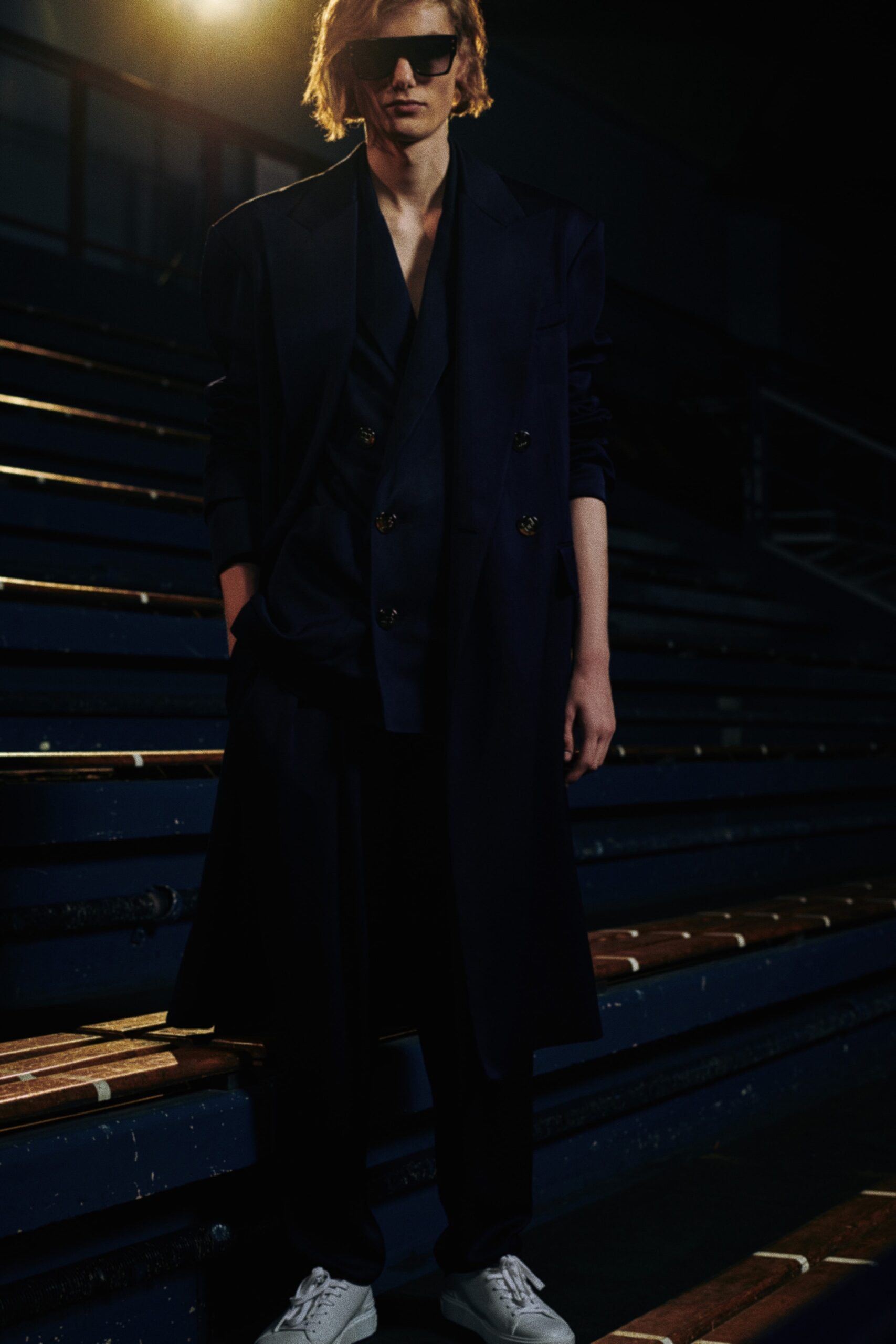 black wool long-sleeve double-breasted tailored structured maxi coat