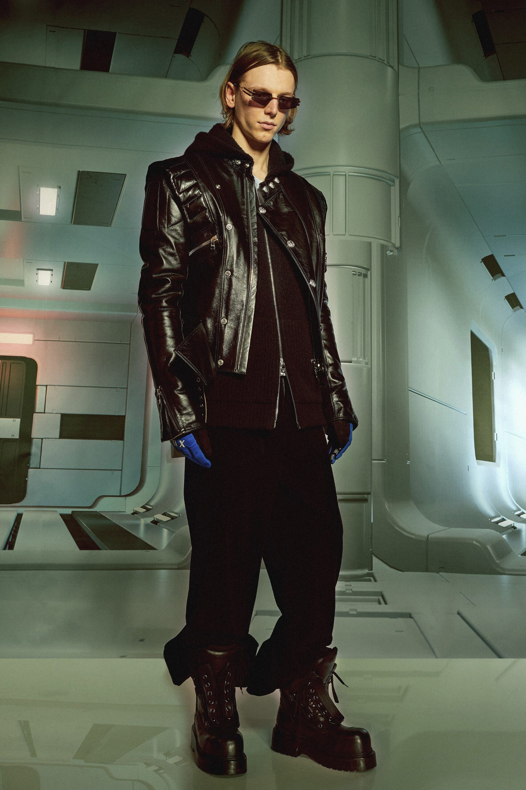 black leather jacket and sweater outfit