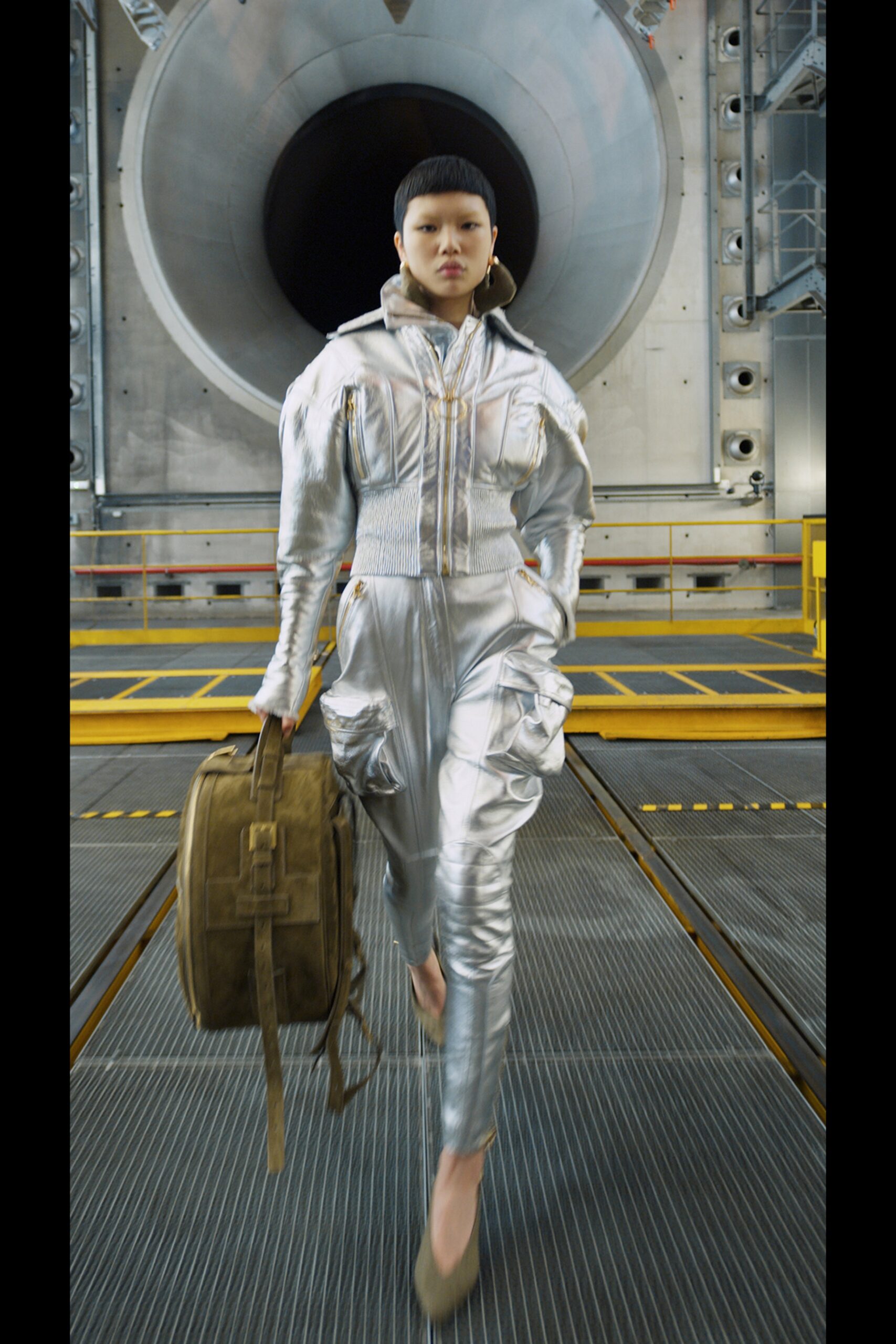 gray metallic long-sleeve fitted zippered cargo shiny jumpsuit
