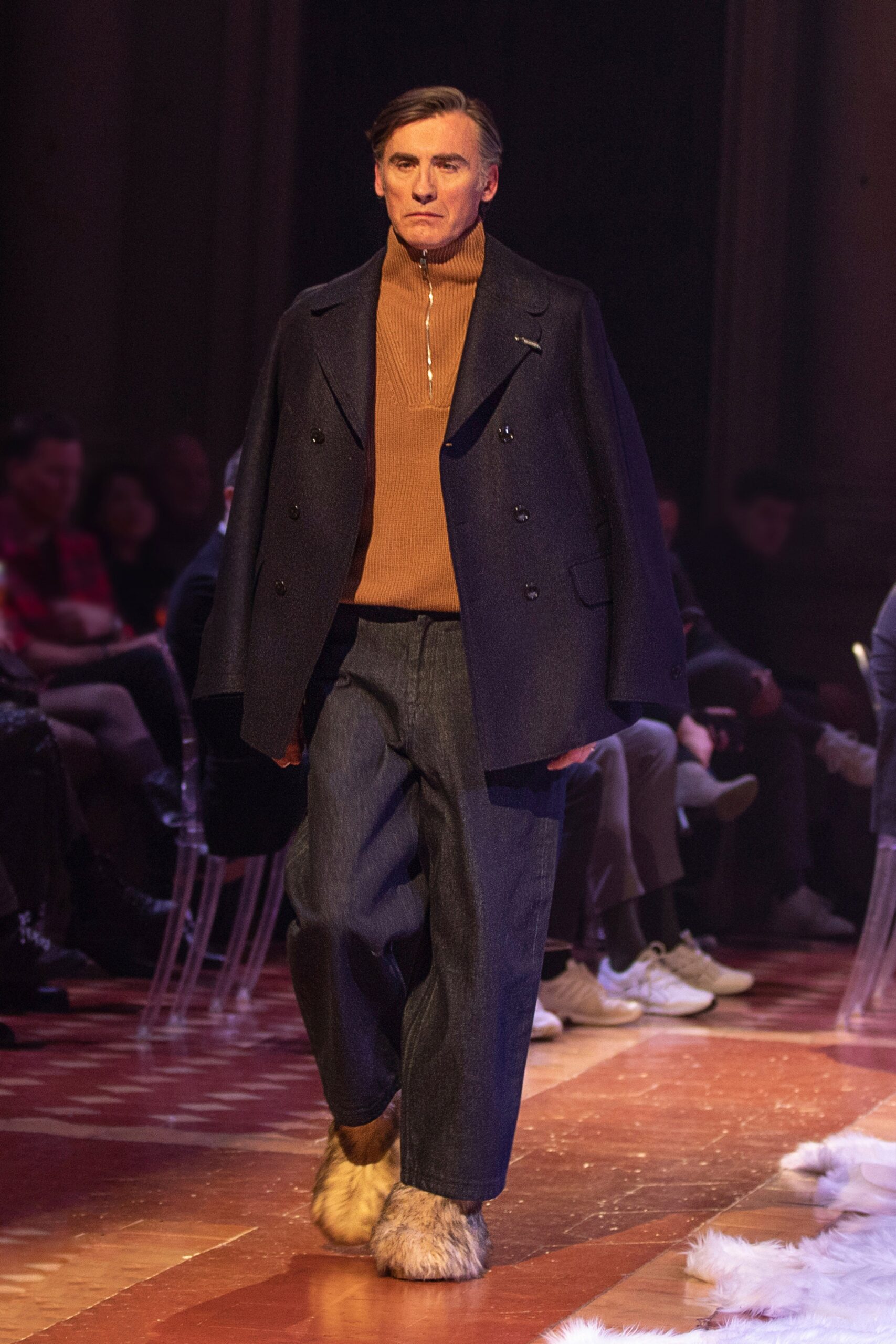 blue wool long-sleeve collared structured buttoned coat
