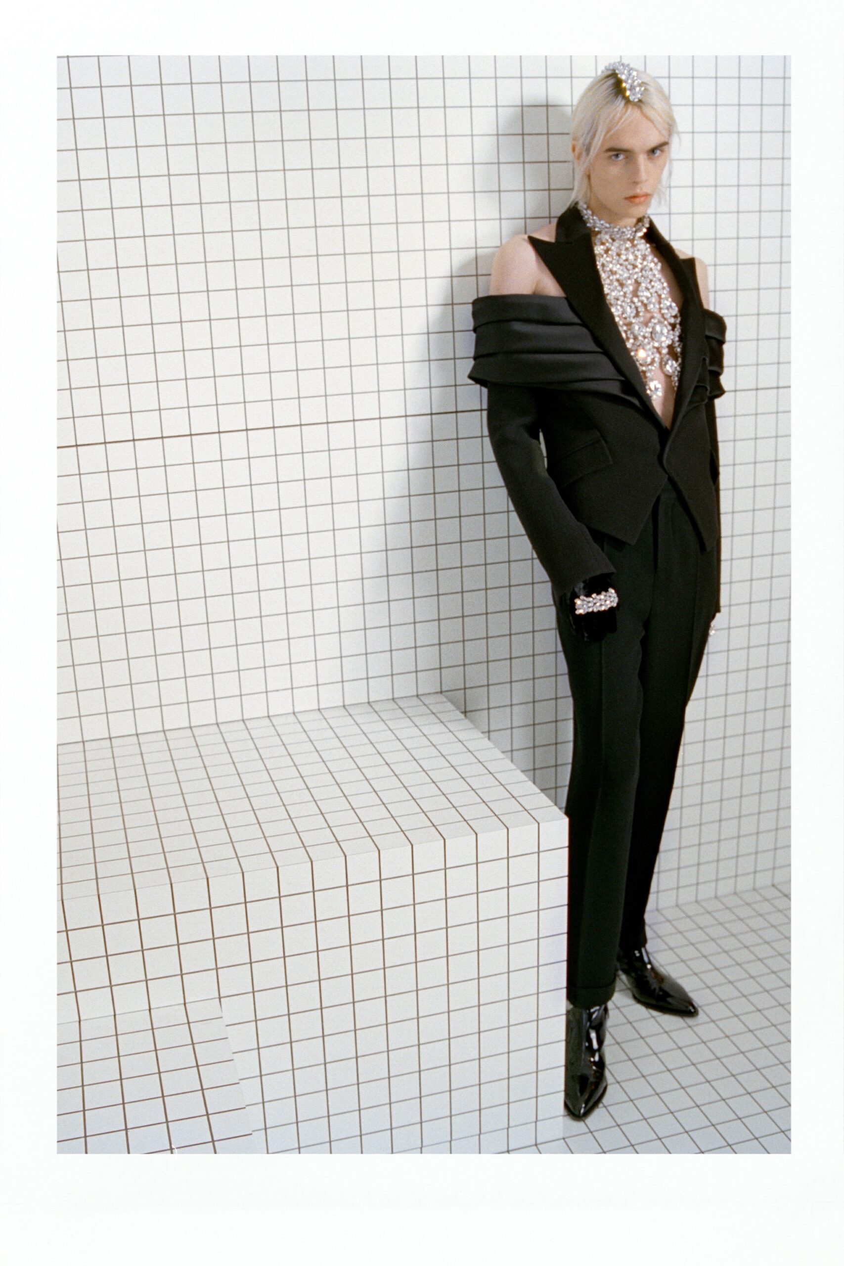black tailored suit with embellished top