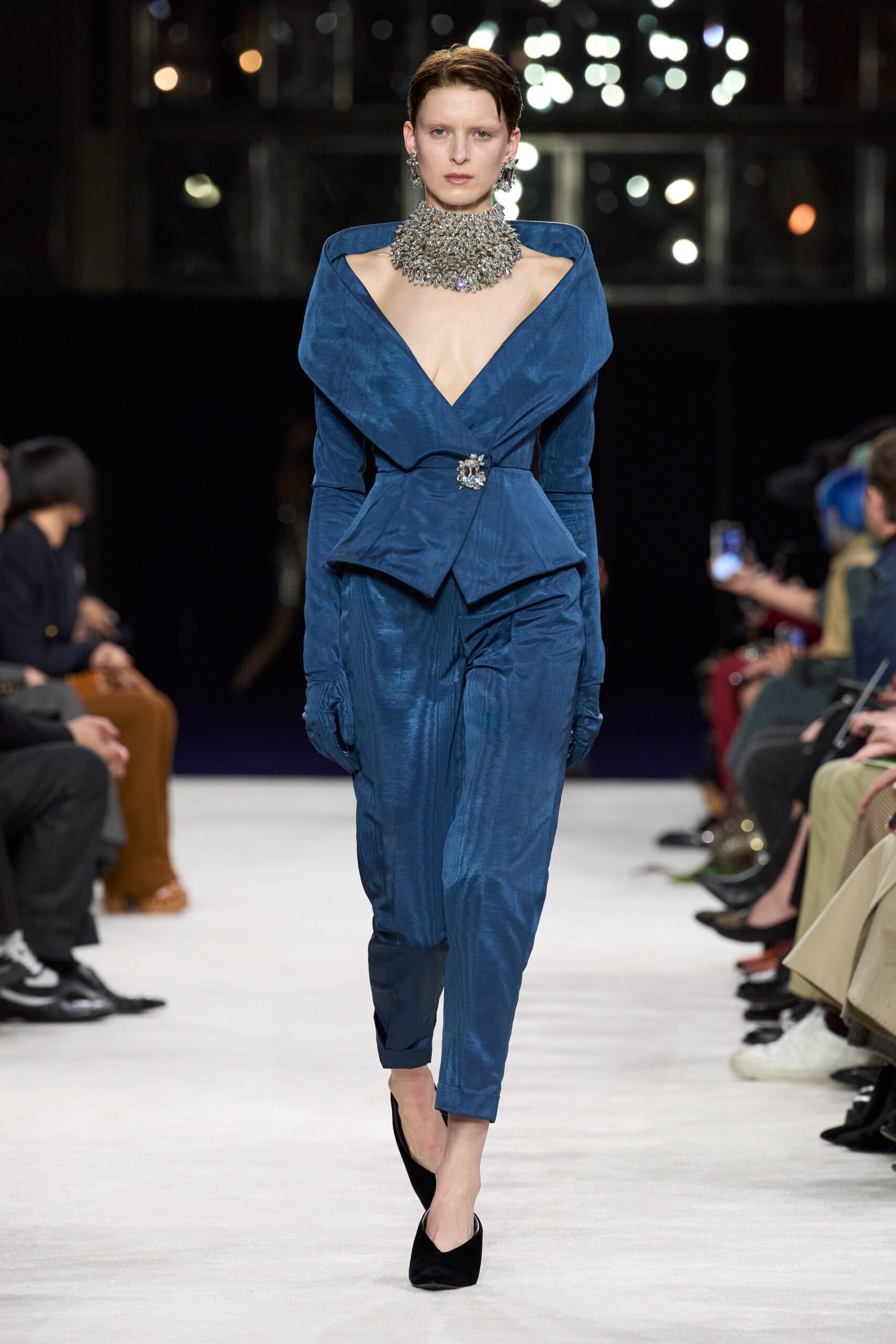 fitted blue silk suit