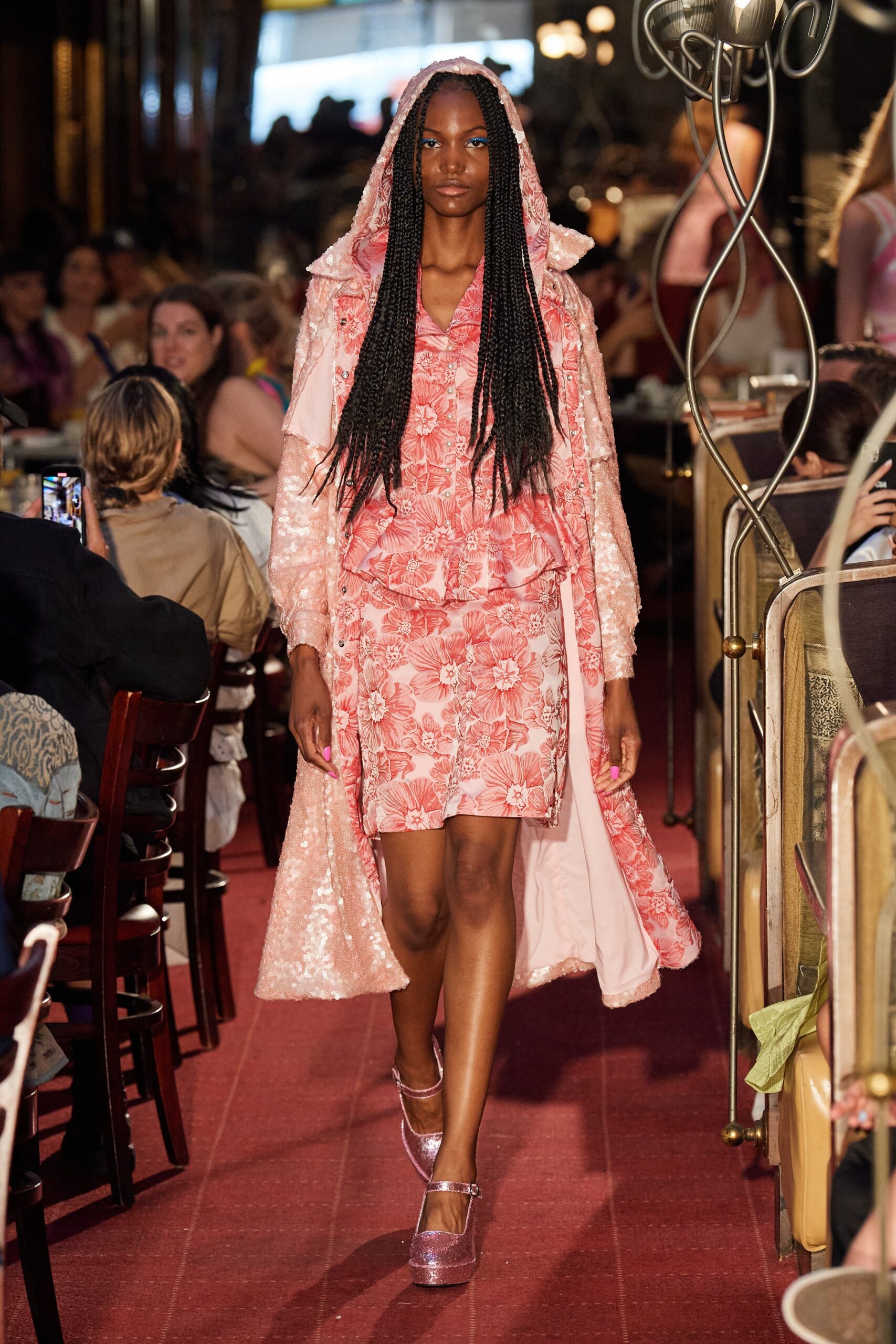 pink floral mini dress with hooded coat