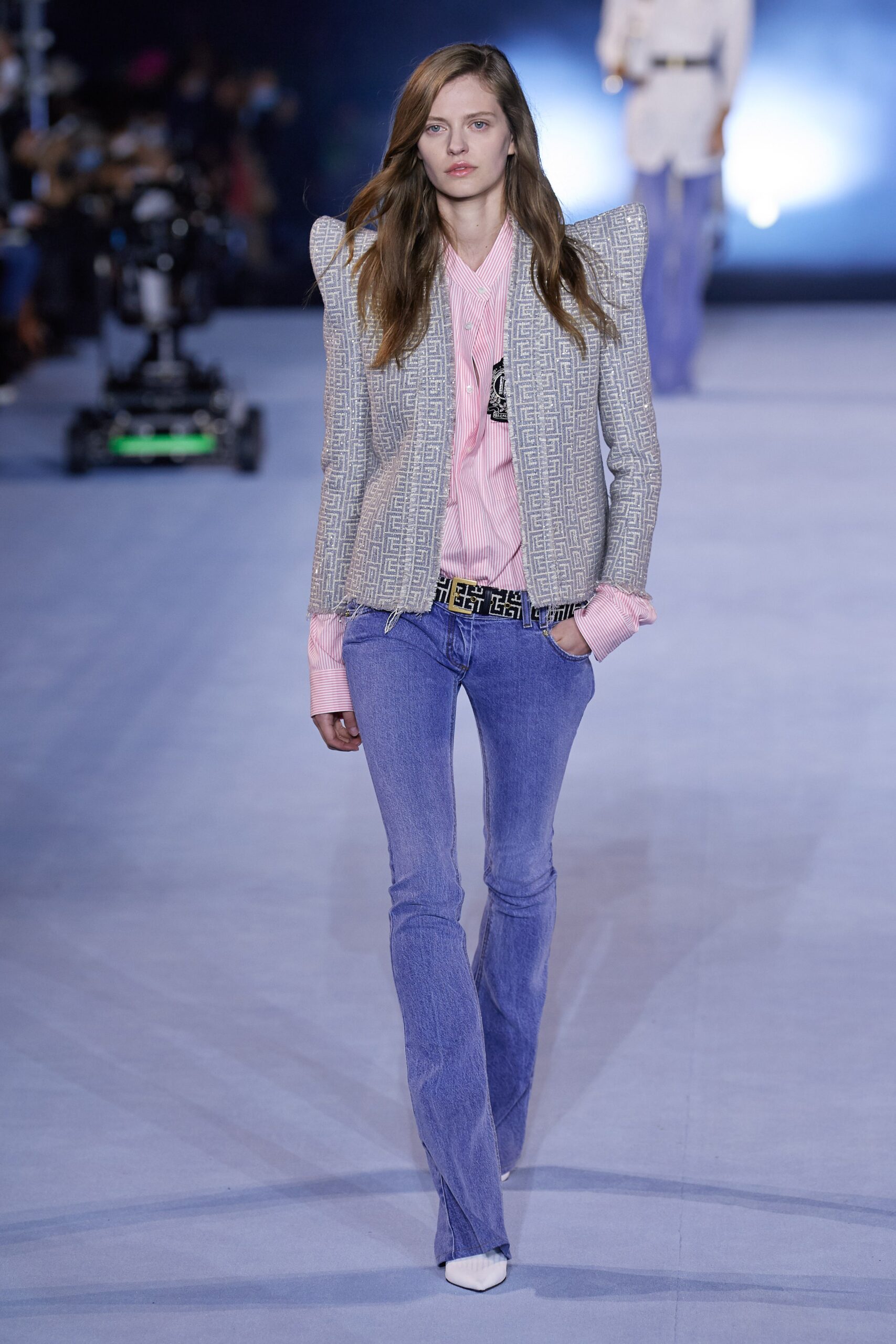 gray tweed structured jacket with pink shirt