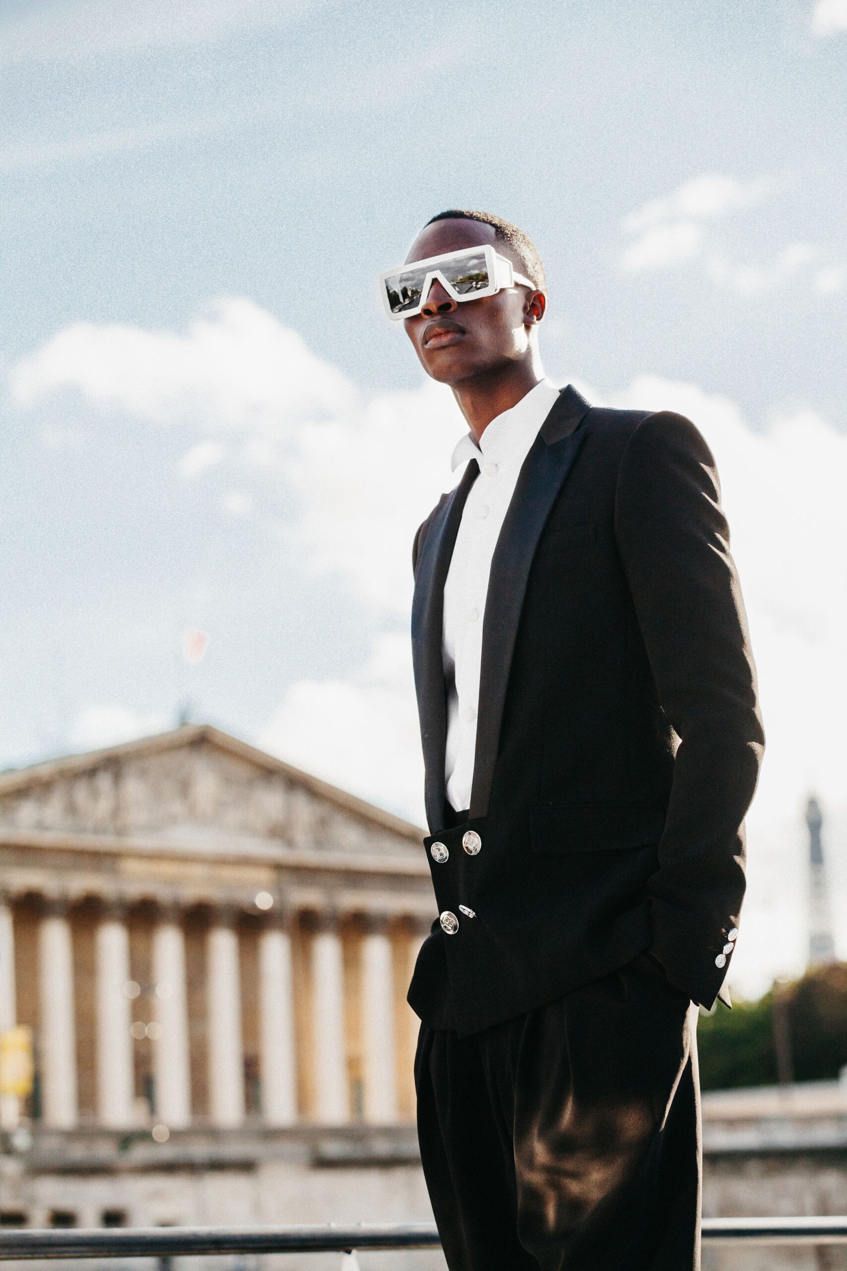 black tailored suit with white shirt