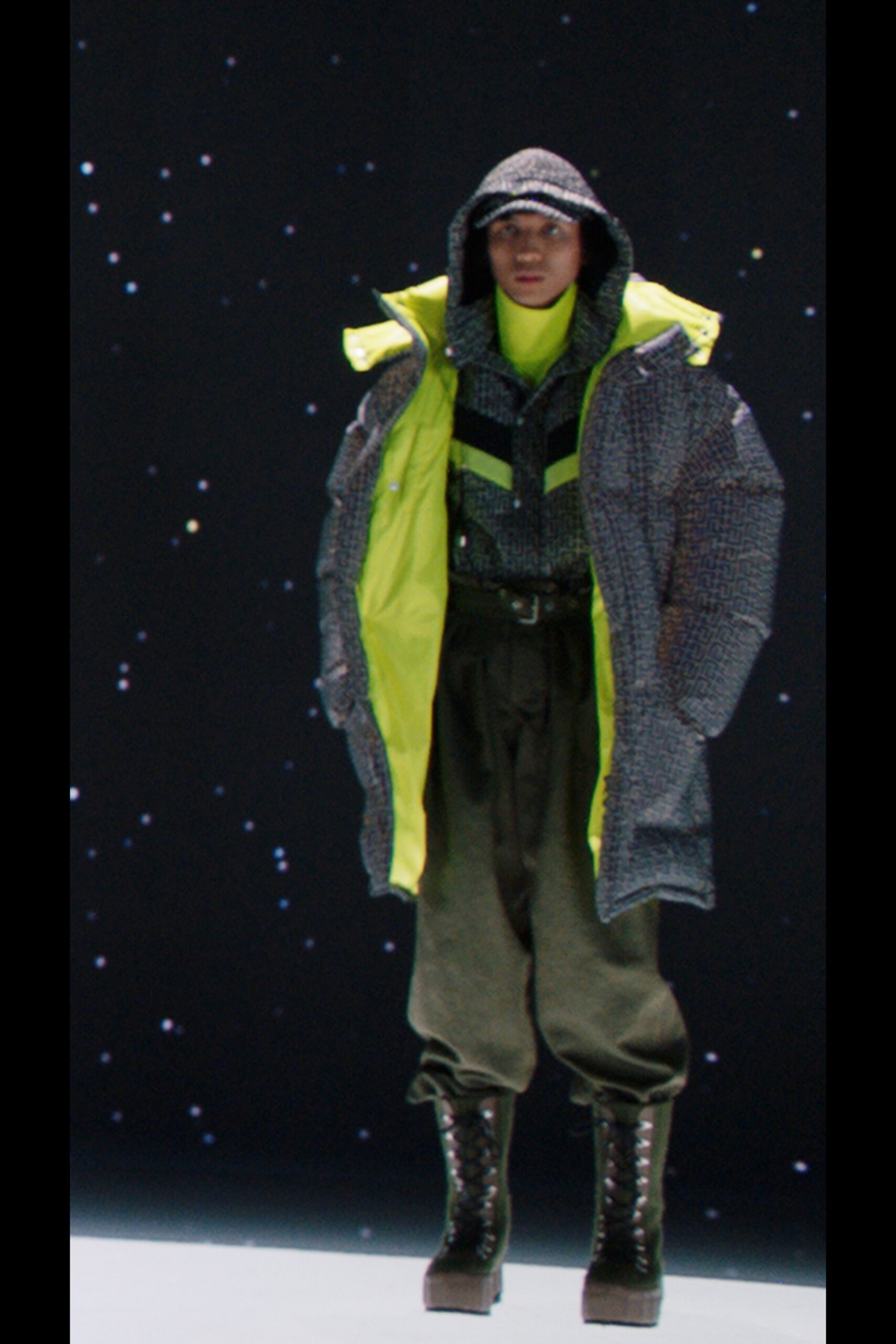 gray yellow hooded coat with cargo pants