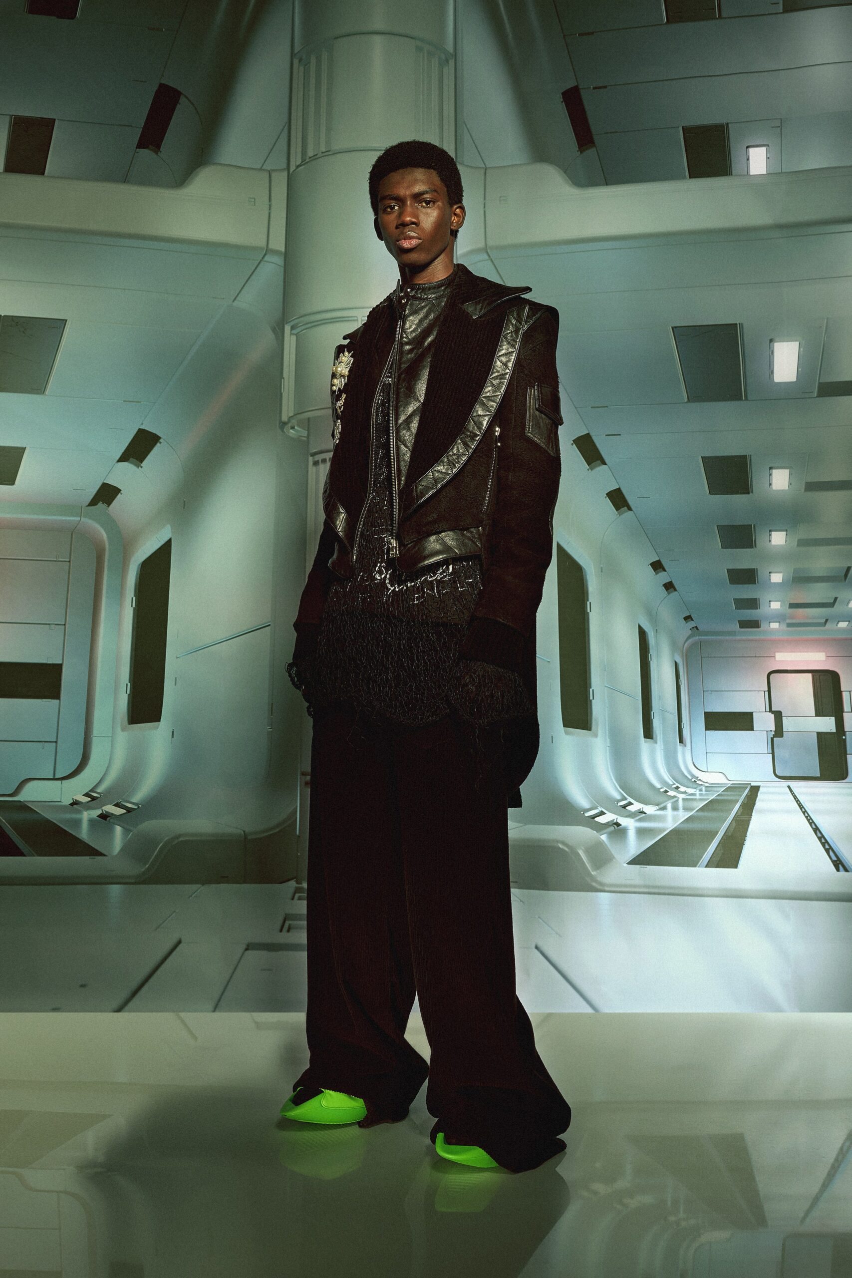 black leather fitted jacket with relaxed pants