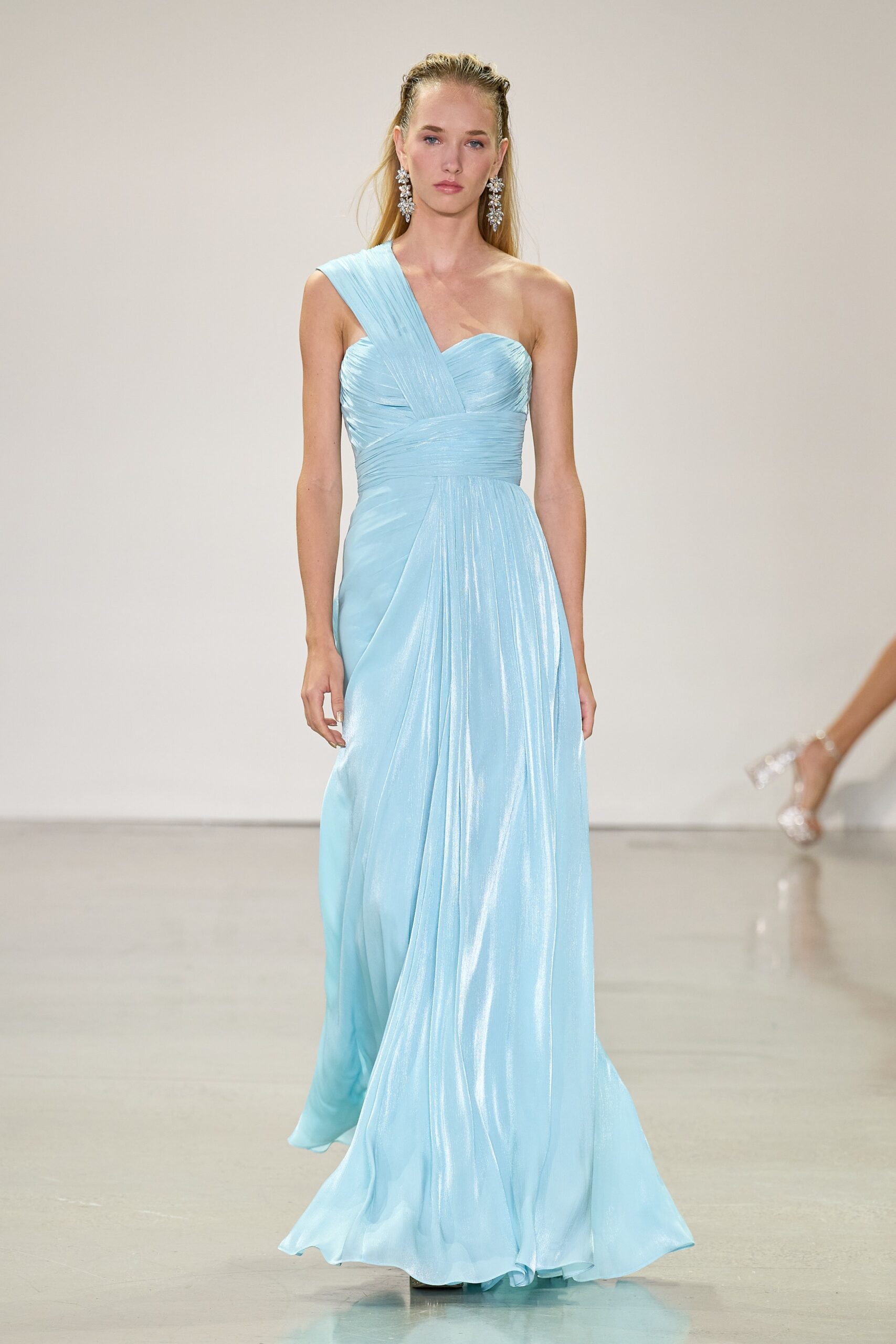 blue silk off-shoulder gown